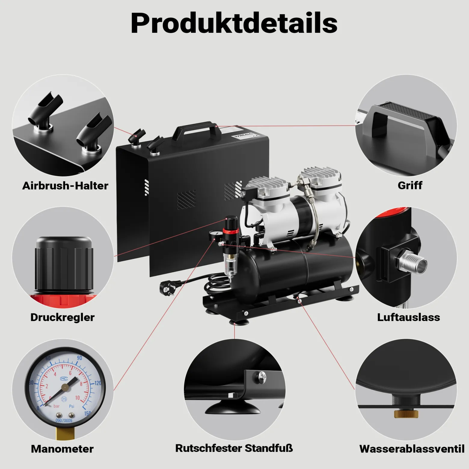 Airbrush Kompressor AS196A mit Lufttank 2 Zylinder Kolben 6 bar 2 Stufenschalter