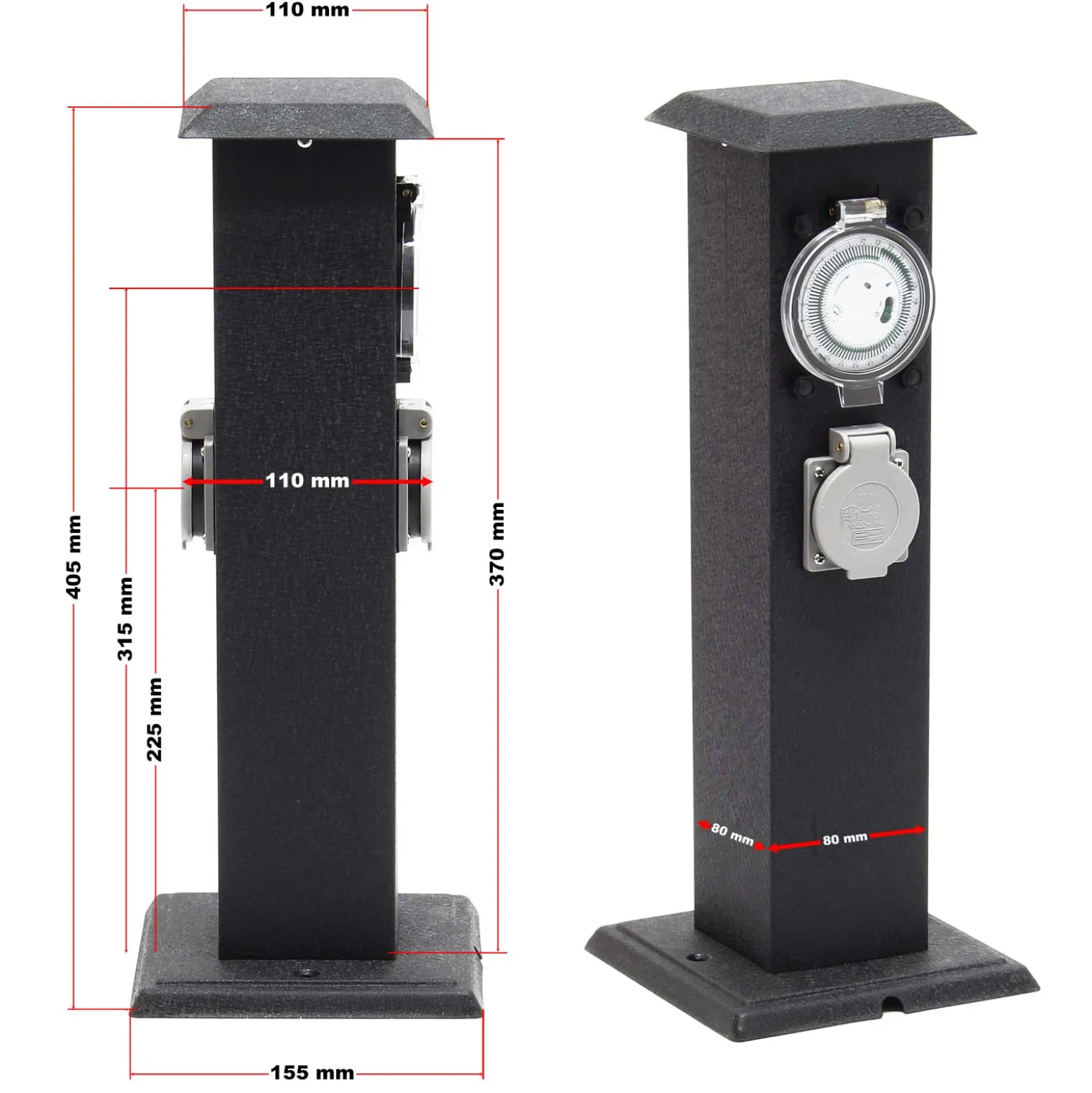 2-fach Außensteckdose Steckdosensäule Energiesäule Metall Outdoor Garten Außen Zeitschaltuhr IP44