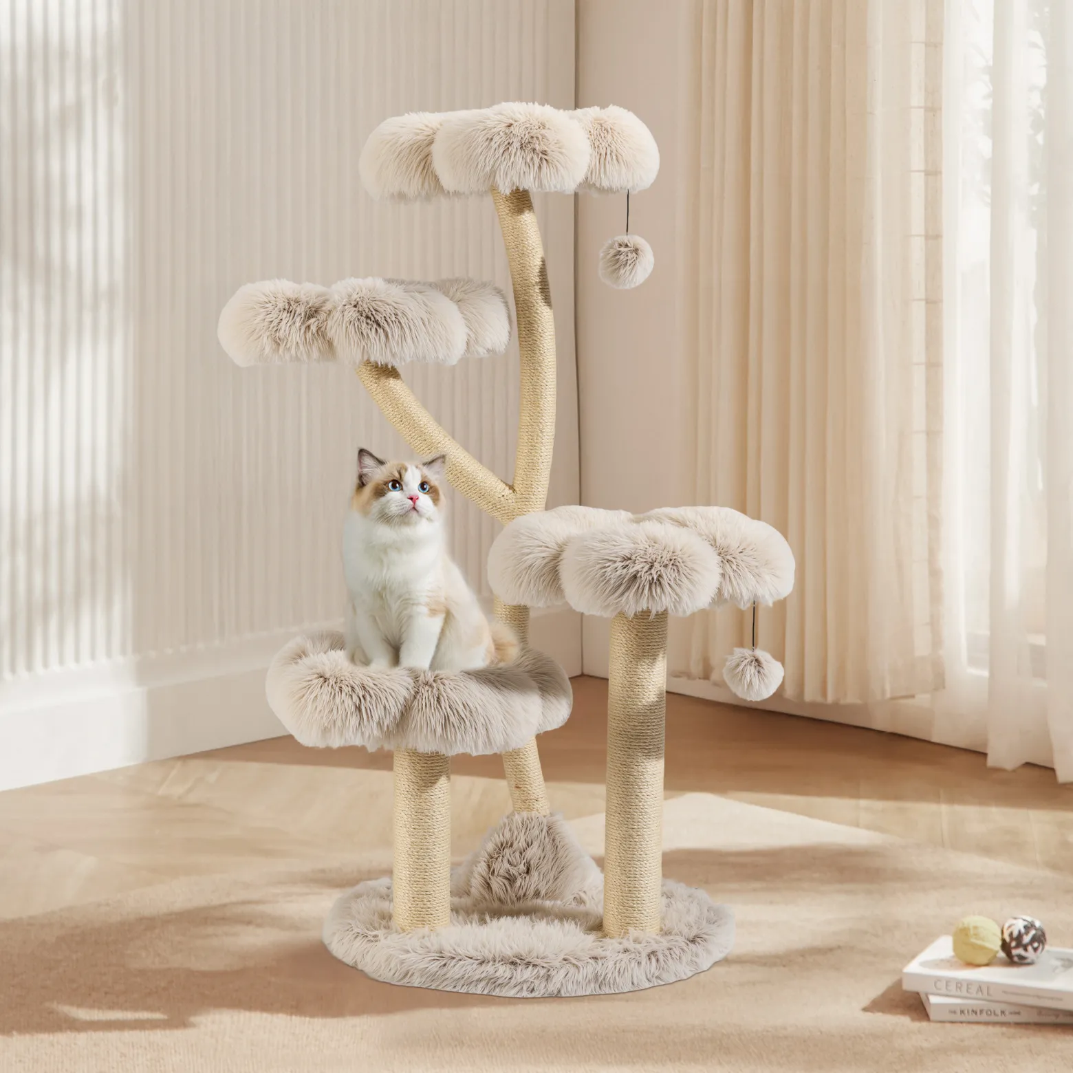 Fudajo Designer Kratzbaum 59 x 59 x 123 cm, Katzenkratzbaum mit Plüsch und Sisal, Kletterbaum für Katzen, Katzenbaum mit Spielbällen