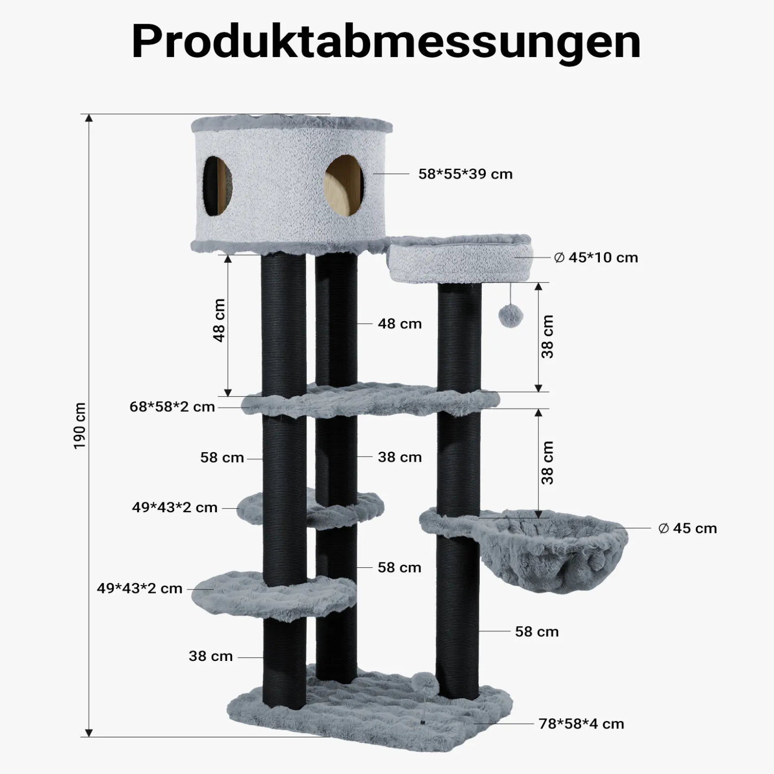 Fudajo Empire Tower 190 cm XXL Kratzbaum, Katzenbaum mit Katzenhaus, Hängeliege, Katzenbett und Papierseil-Kratzstämmen