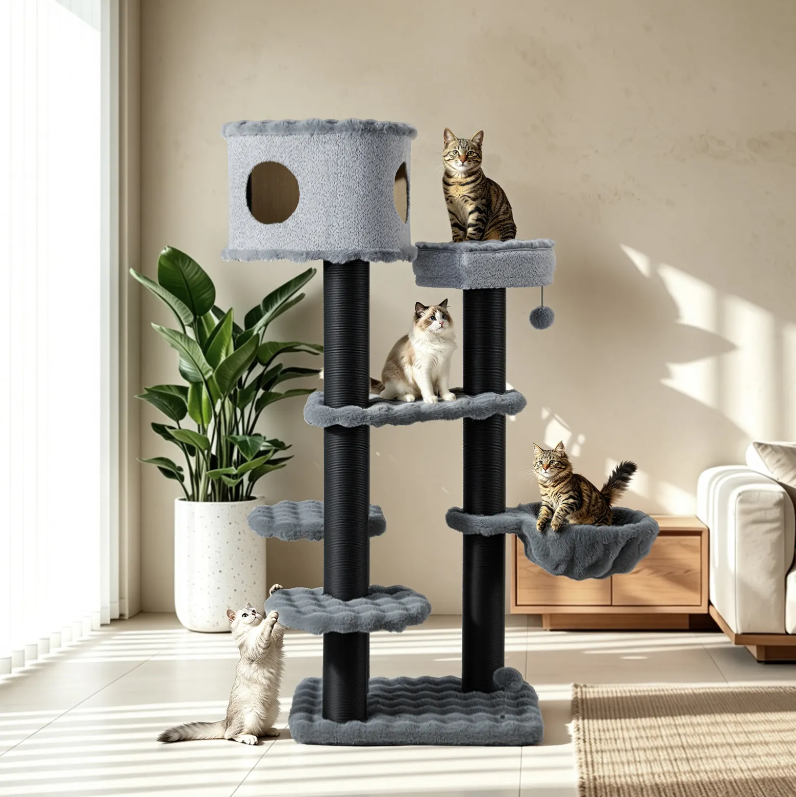 Fudajo Empire Tower 190 cm XXL Kratzbaum, Katzenbaum mit Katzenhaus, Hängeliege, Katzenbett und Papierseil-Kratzstämmen