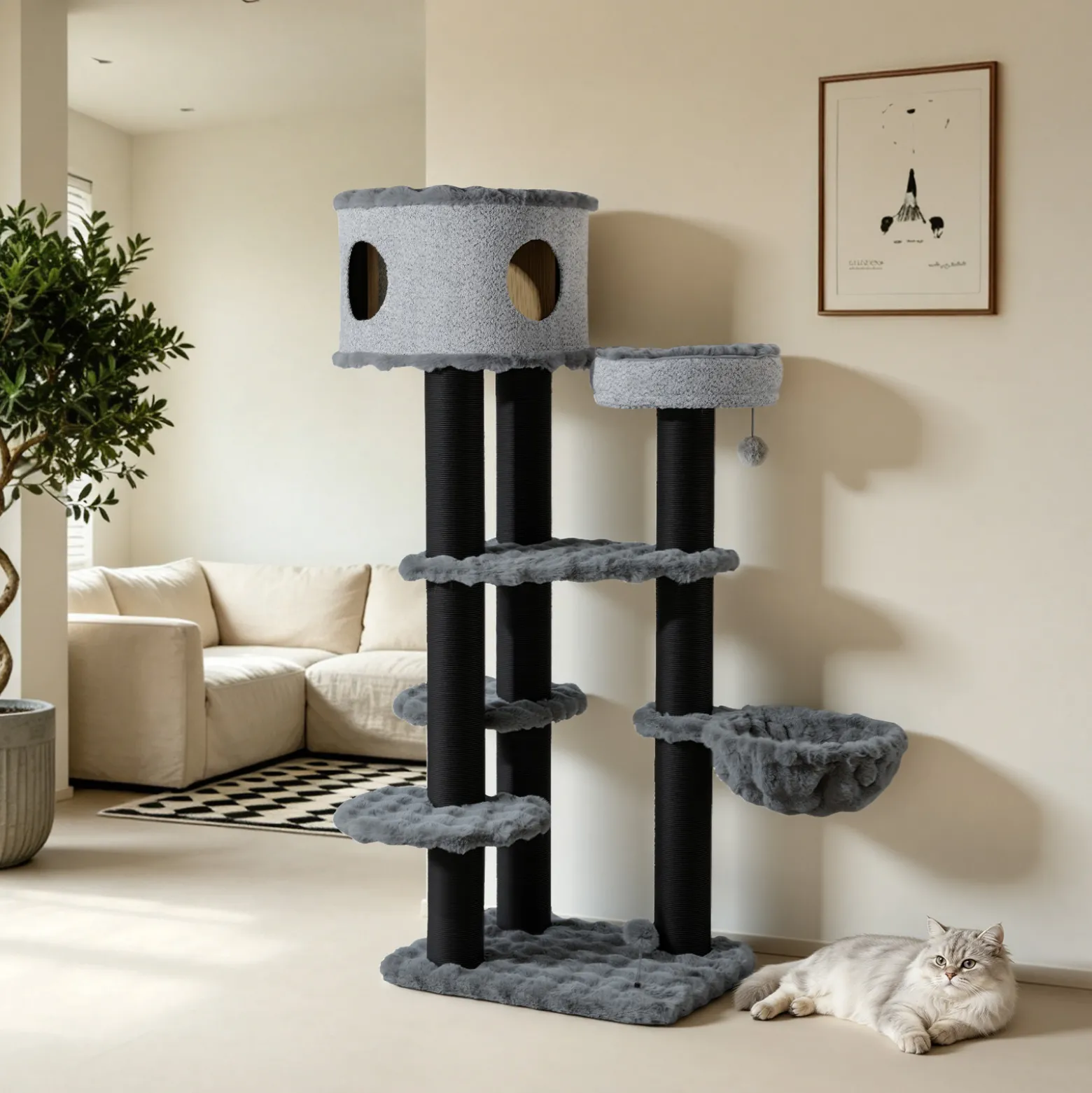 Fudajo Empire Tower 190 cm XXL Kratzbaum, Katzenbaum mit Katzenhaus, Hängeliege, Katzenbett und Papierseil-Kratzstämmen