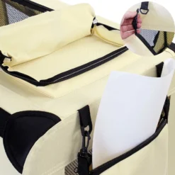 Fudajo Faltbare Transportbox für Hunde, Katzen M (60x42x44cm), robust, leicht, sicher, Hundebox mit Tragegriff und Decke, Beige
