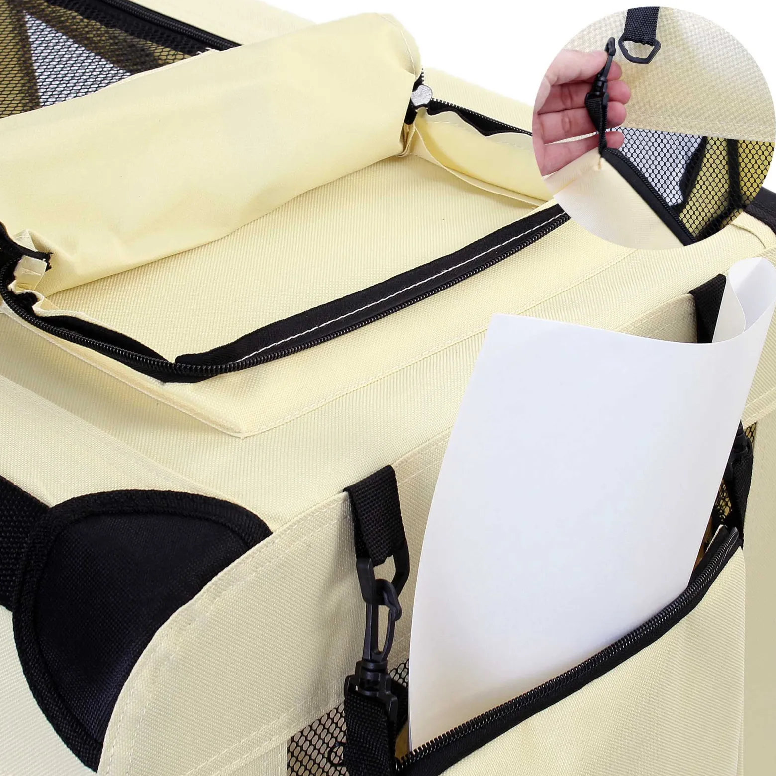 Fudajo Faltbare Transportbox für Hunde, Katzen M (60x42x44cm), robust, leicht, sicher, Hundebox mit Tragegriff und Decke, Beige