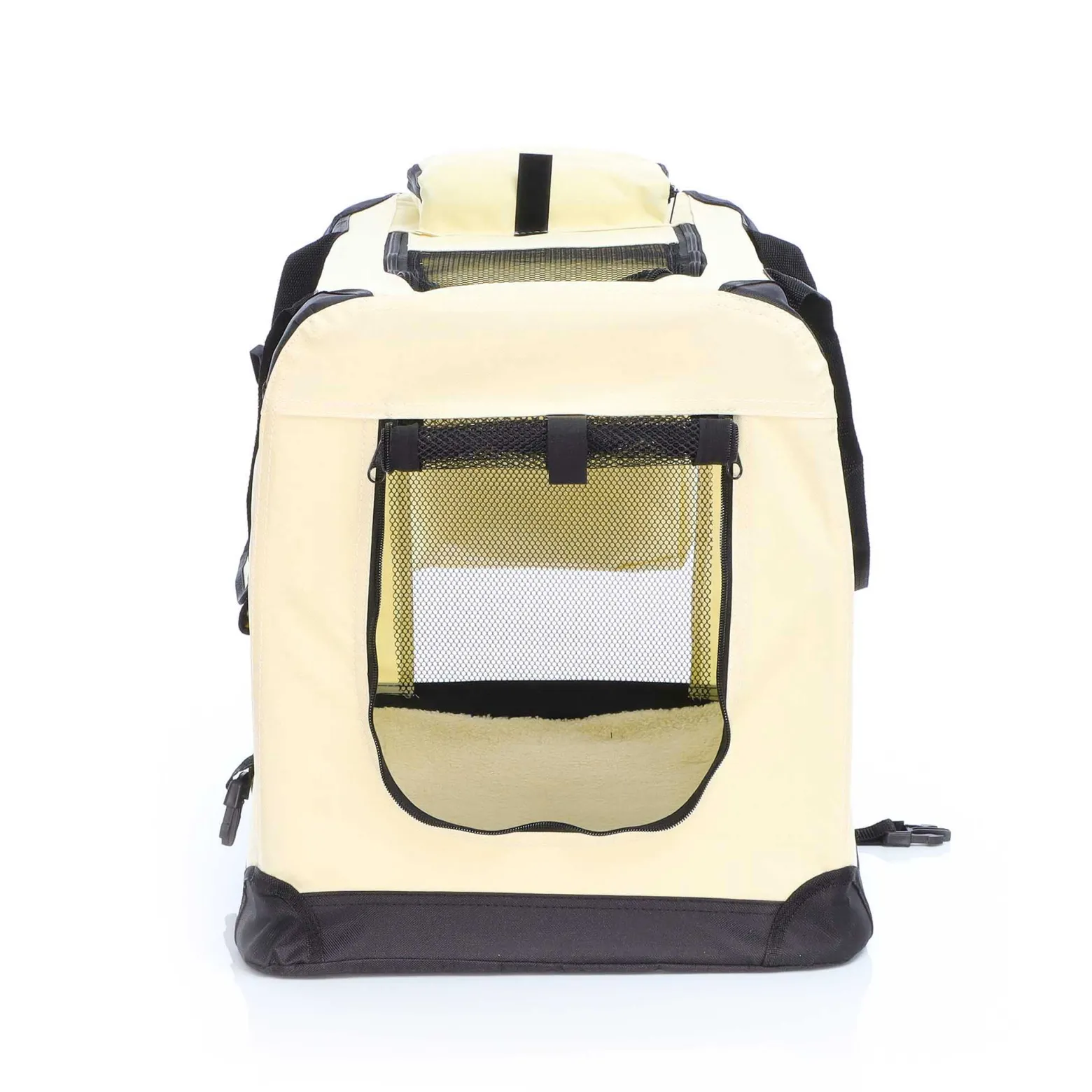 Fudajo Faltbare Transportbox für Hunde, Katzen M (60x42x44cm), robust, leicht, sicher, Hundebox mit Tragegriff und Decke, Beige