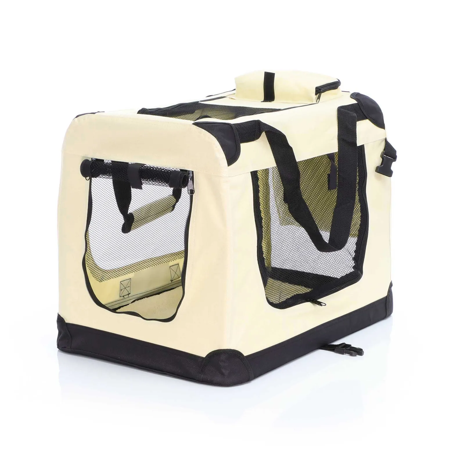 Fudajo Faltbare Transportbox für Hunde, Katzen M (60x42x44cm), robust, leicht, sicher, Hundebox mit Tragegriff und Decke, Beige