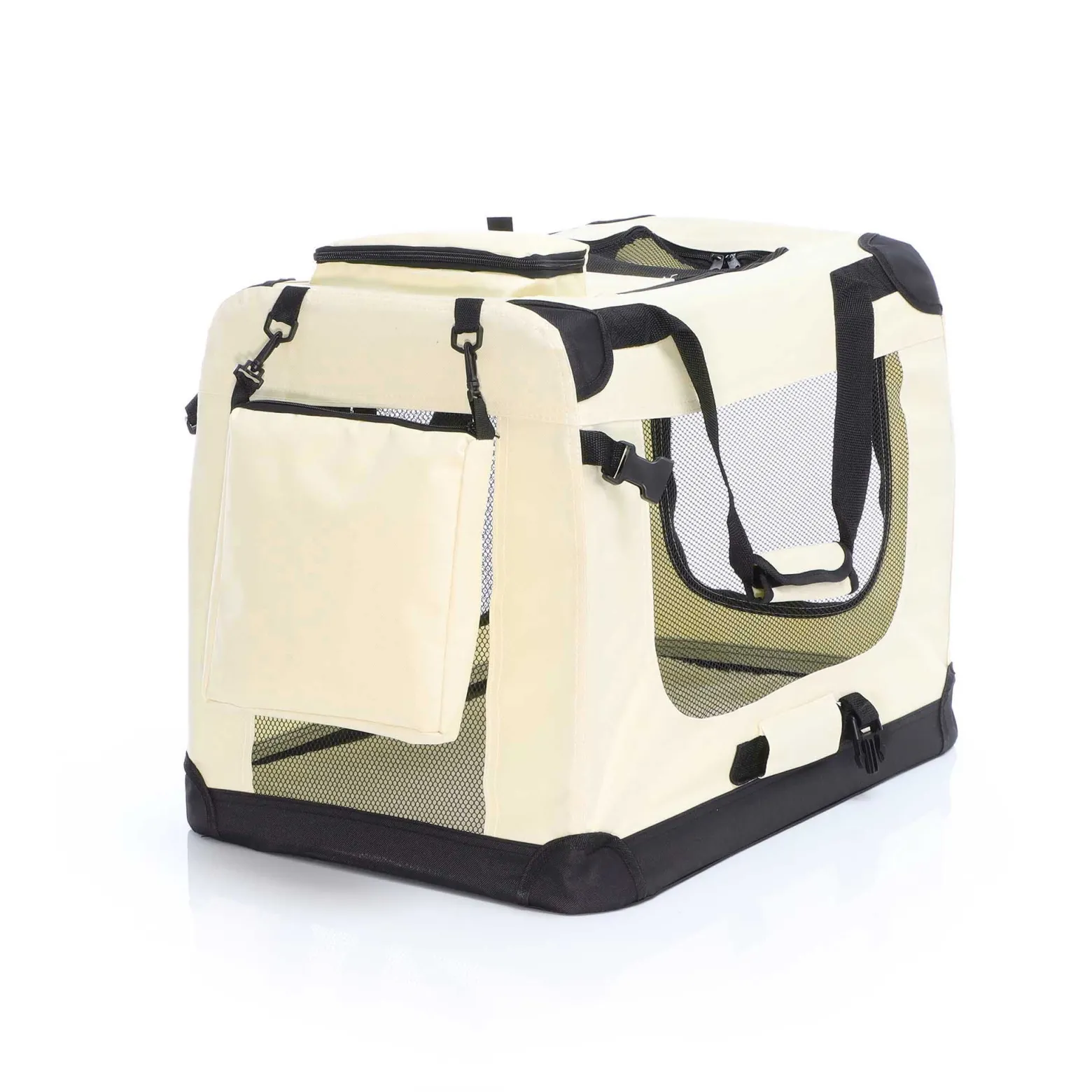 Fudajo Faltbare Transportbox für Hunde, Katzen M (60x42x44cm), robust, leicht, sicher, Hundebox mit Tragegriff und Decke, Beige