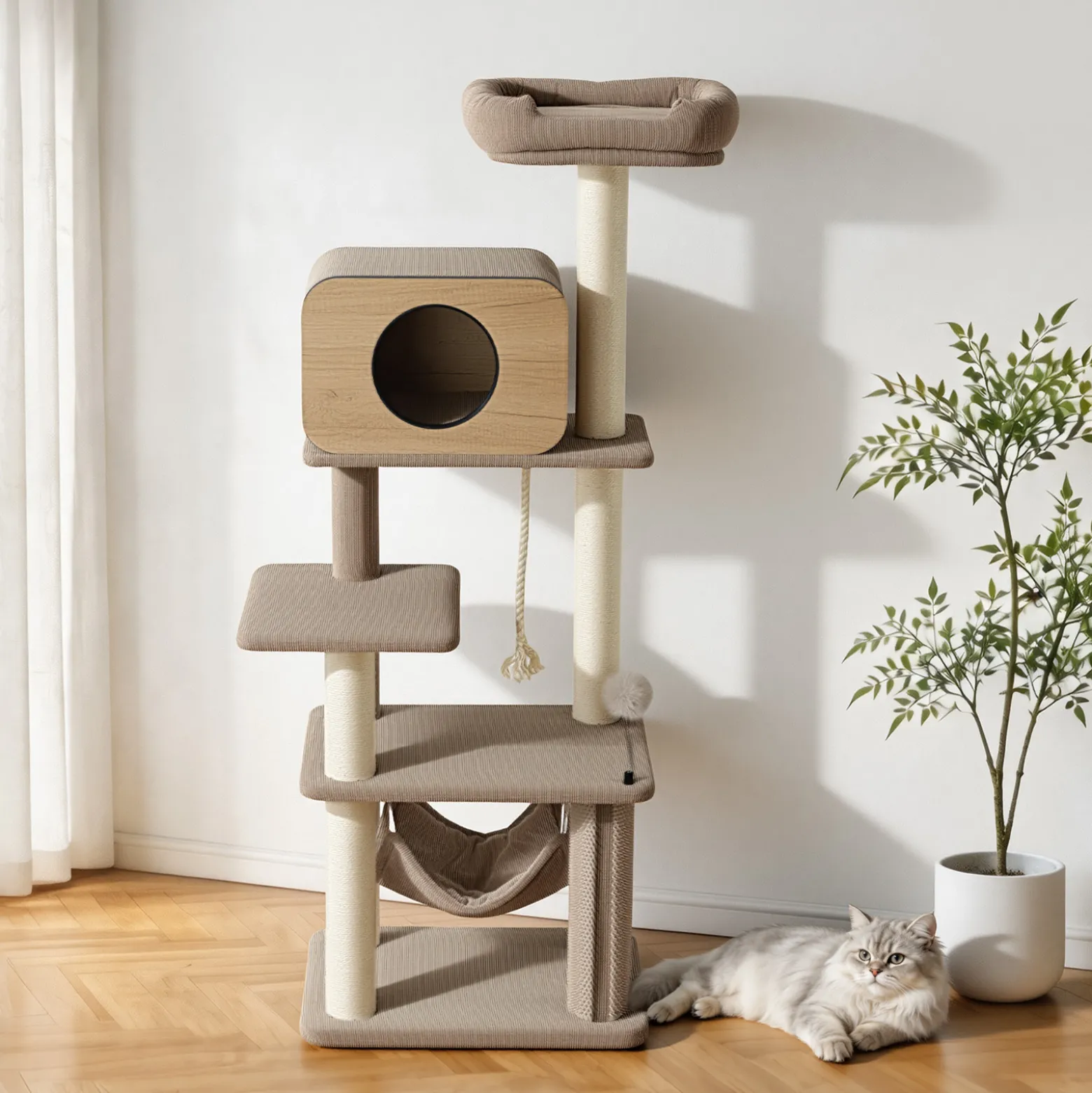 Fudajo Forest Oak 152 cm Kratzbaum beige, Katzenkratzbaum mit Katzenhaus, Hängematte und Sisal, Katzenbaum mit Massageelement