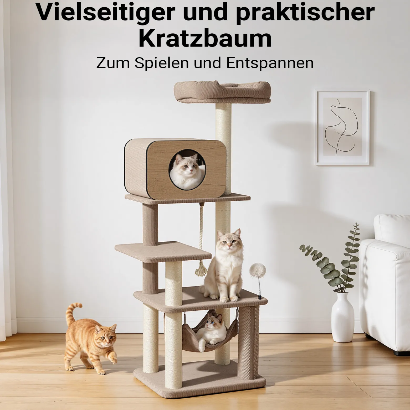 Fudajo Forest Oak 152 cm Kratzbaum beige, Katzenkratzbaum mit Katzenhaus, Hängematte und Sisal, Katzenbaum mit Massageelement