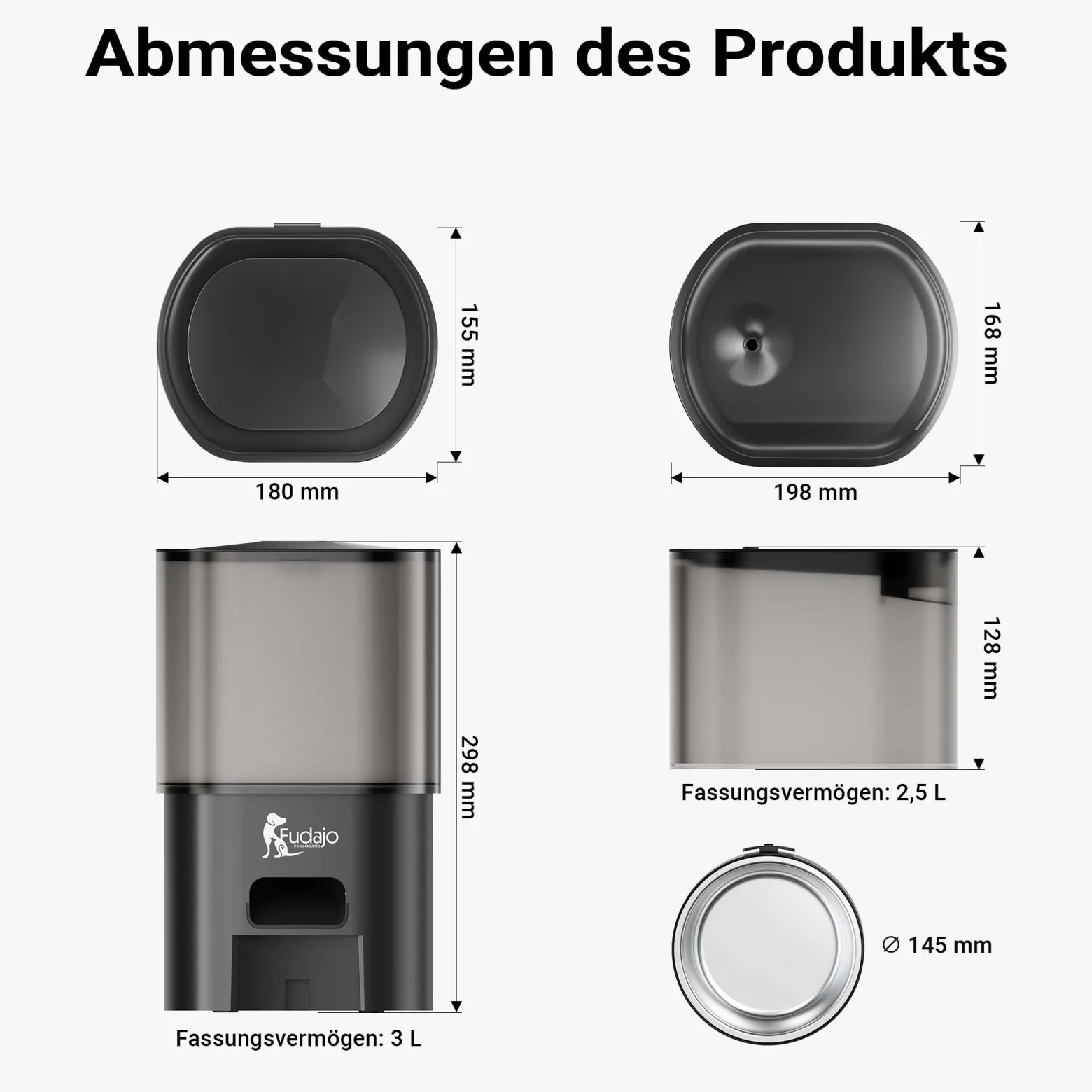 Fudajo Futter- und Trinkautomat für Katzen & Hunde in Schwarz, 3 L Futterspender und 2,5 L Trinkbrunnen, Fütterung mit App-Steuerung für Trockenfutter
