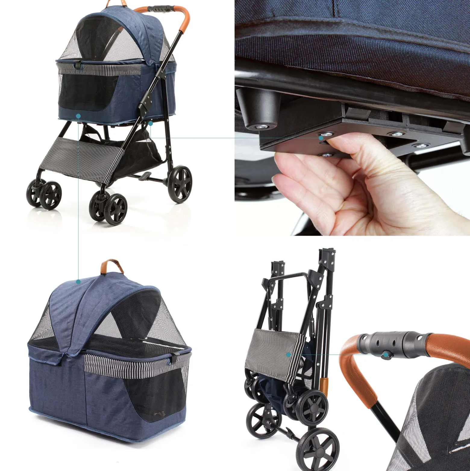 Fudajo 2in1 Hundebuggy zusammenklappbar in Blau, Hundewagen mit abnehmbarer Hundetragetasche, für kleine bis mittlere Hunde und Katzen