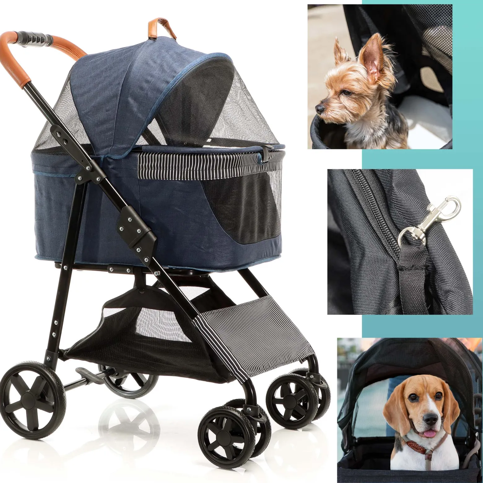 Fudajo 2in1 Hundebuggy zusammenklappbar in Blau, Hundewagen mit abnehmbarer Hundetragetasche, für kleine bis mittlere Hunde und Katzen