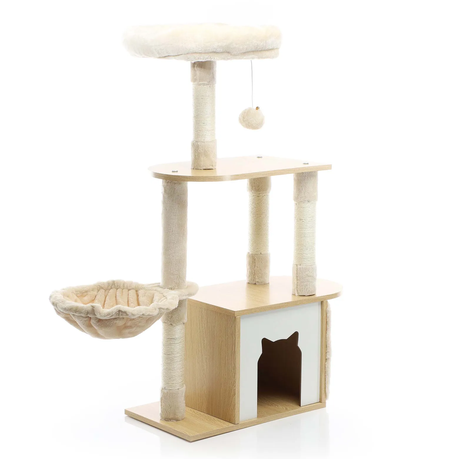 Fudajo Kratzbaum mit Holz in Beige 106 cm hoch, Katzenkratzbaum mit Katzenhaus und Liegemulde, Katzenbaum mit Sisal, Katzenmöbel mit Plüsch