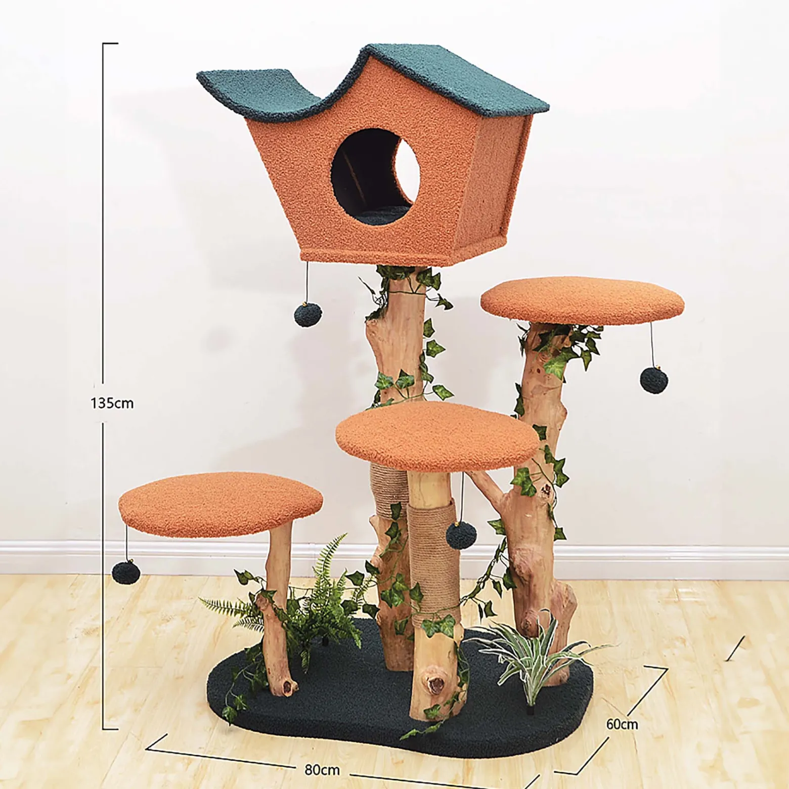 Fudajo Kratzbaum mit Pflanzendeko 135 cm, Katzenkratzbaum mit Teddyfell und Birnbaumholz, Katzenhaus mit Spielbällen, Katzenmöbel mit Plattformen