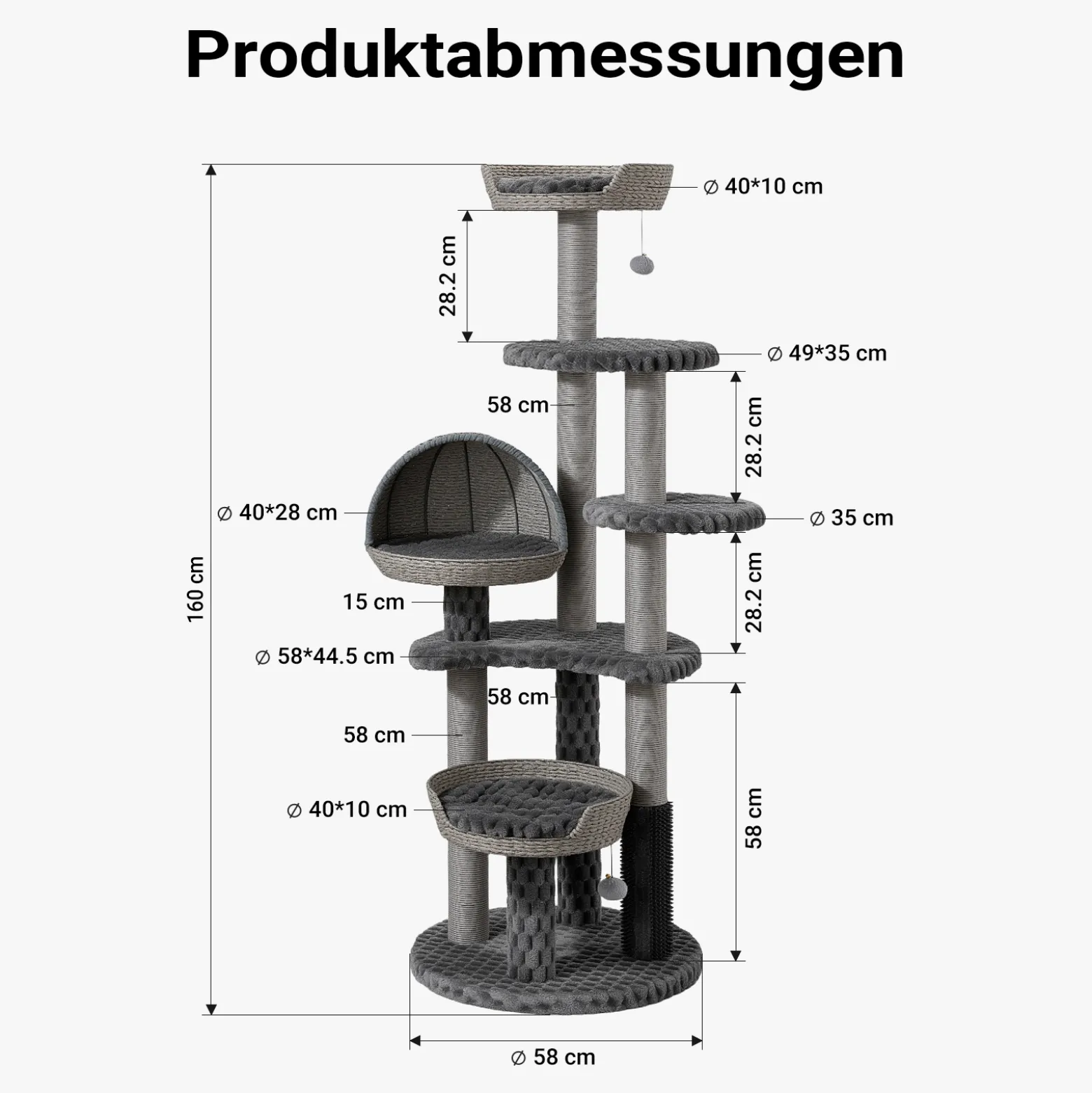 Fudajo Urban Loft 160 cm Kratzbaum grau, Katzenkratzbaum mit Ø 58 cm Bodenplatte, Katzenbaum mit Massageelement, 3 Liegeflächen, 3 Plattformen und Papierseil-Kratzstämmen