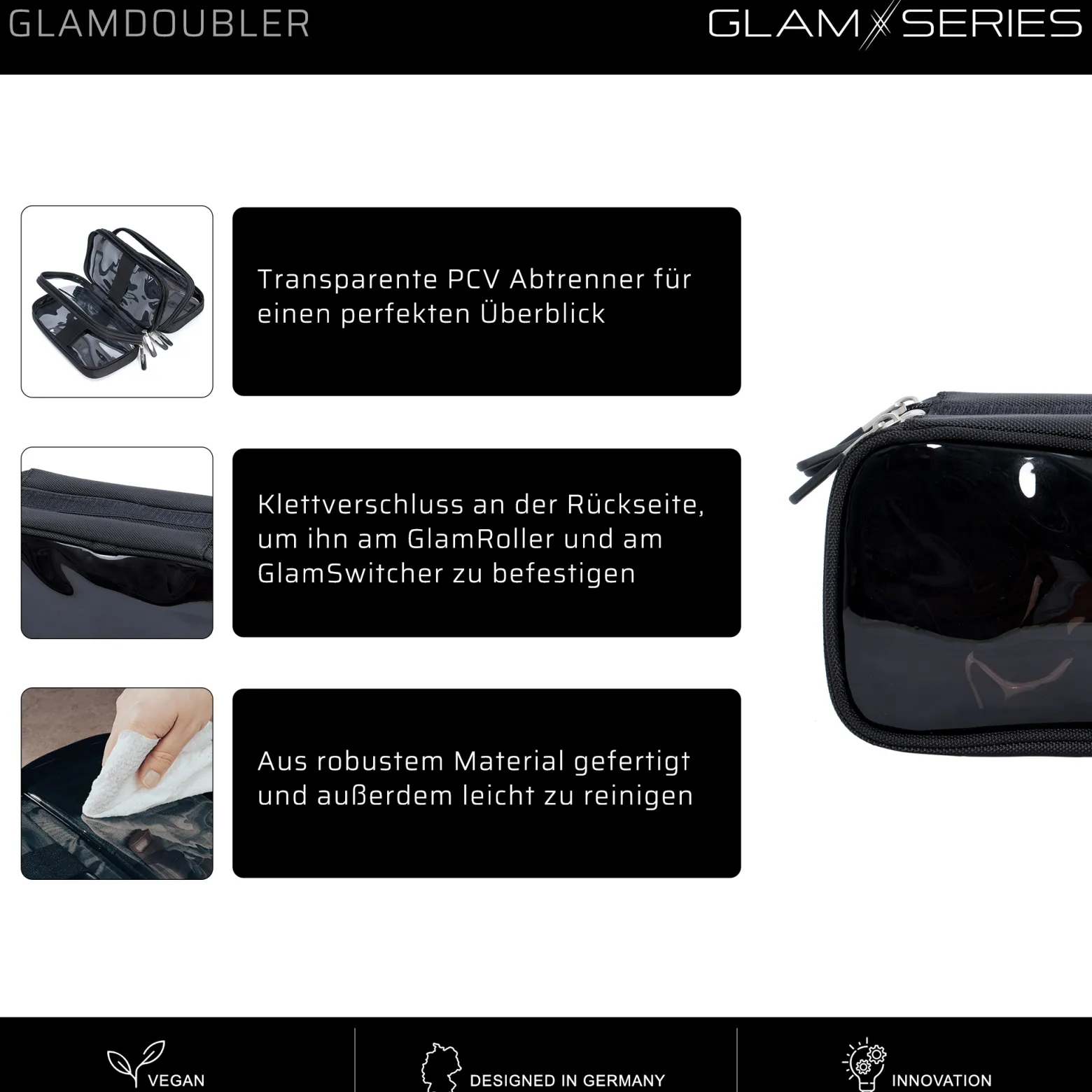 GlamSeries GlamDoubler Kosmetiktasche 230 x 120 x 100 mm, Make-up Organizer mit 4 transparenten Fächern
