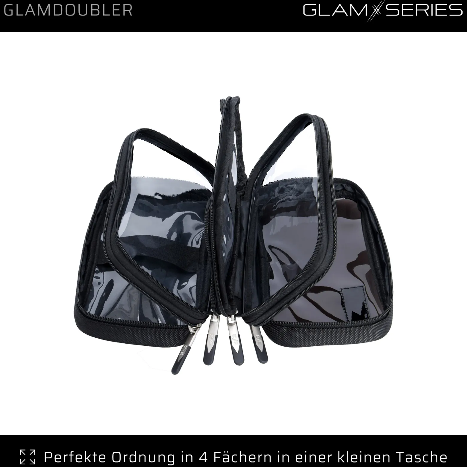 GlamSeries GlamDoubler Kosmetiktasche 230 x 120 x 100 mm, Make-up Organizer mit 4 transparenten Fächern