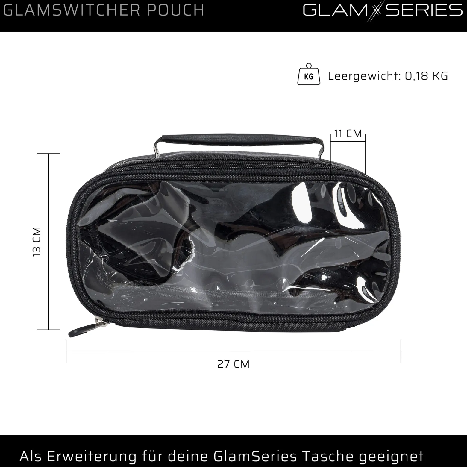 GlamSeries GlamSwitcher Pouch Taschen Inlay 270 x 130 x 110 mm, PVC-beschichtete Make Up Tasche mit transparentem Deckel