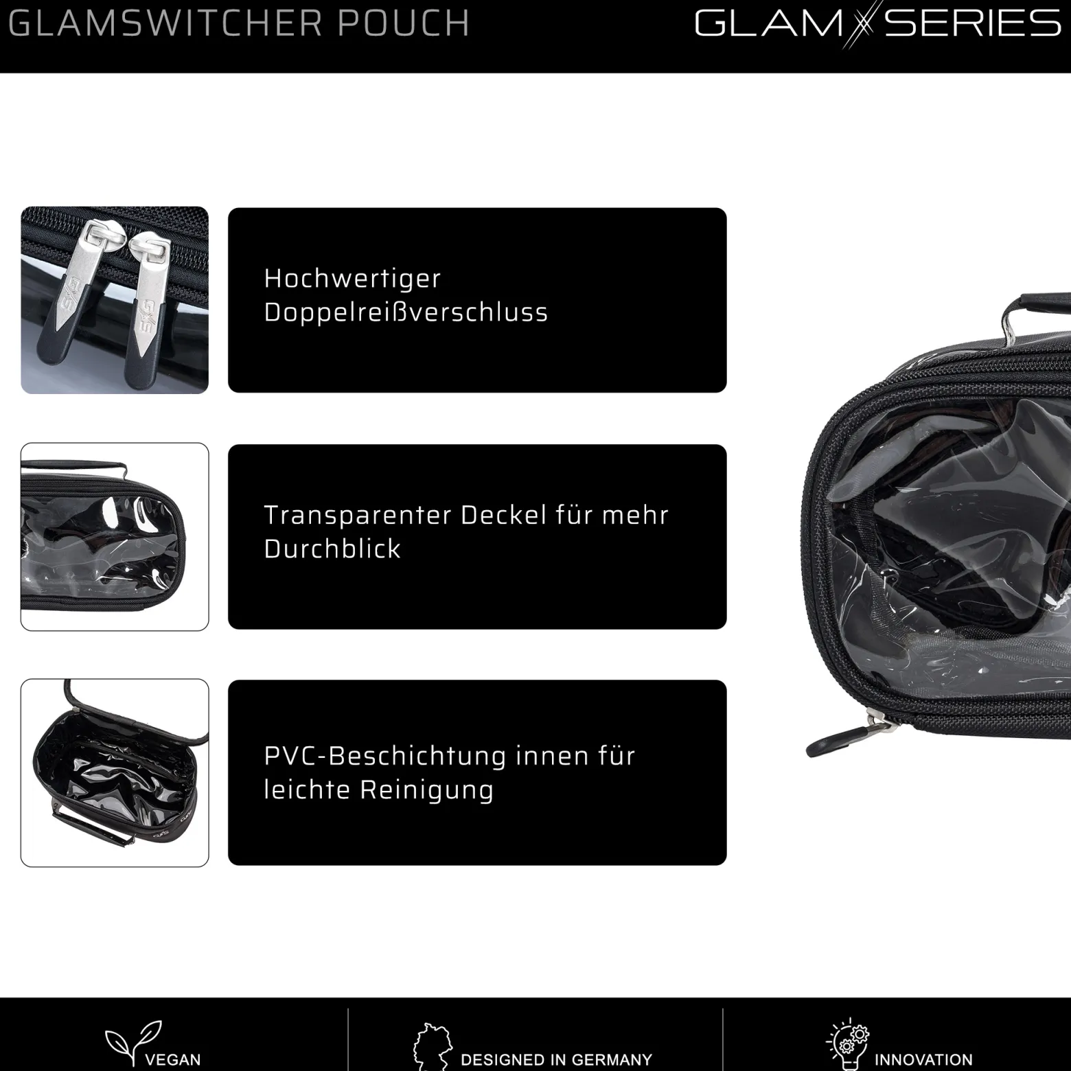 GlamSeries GlamSwitcher Pouch Taschen Inlay 270 x 130 x 110 mm, PVC-beschichtete Make Up Tasche mit transparentem Deckel