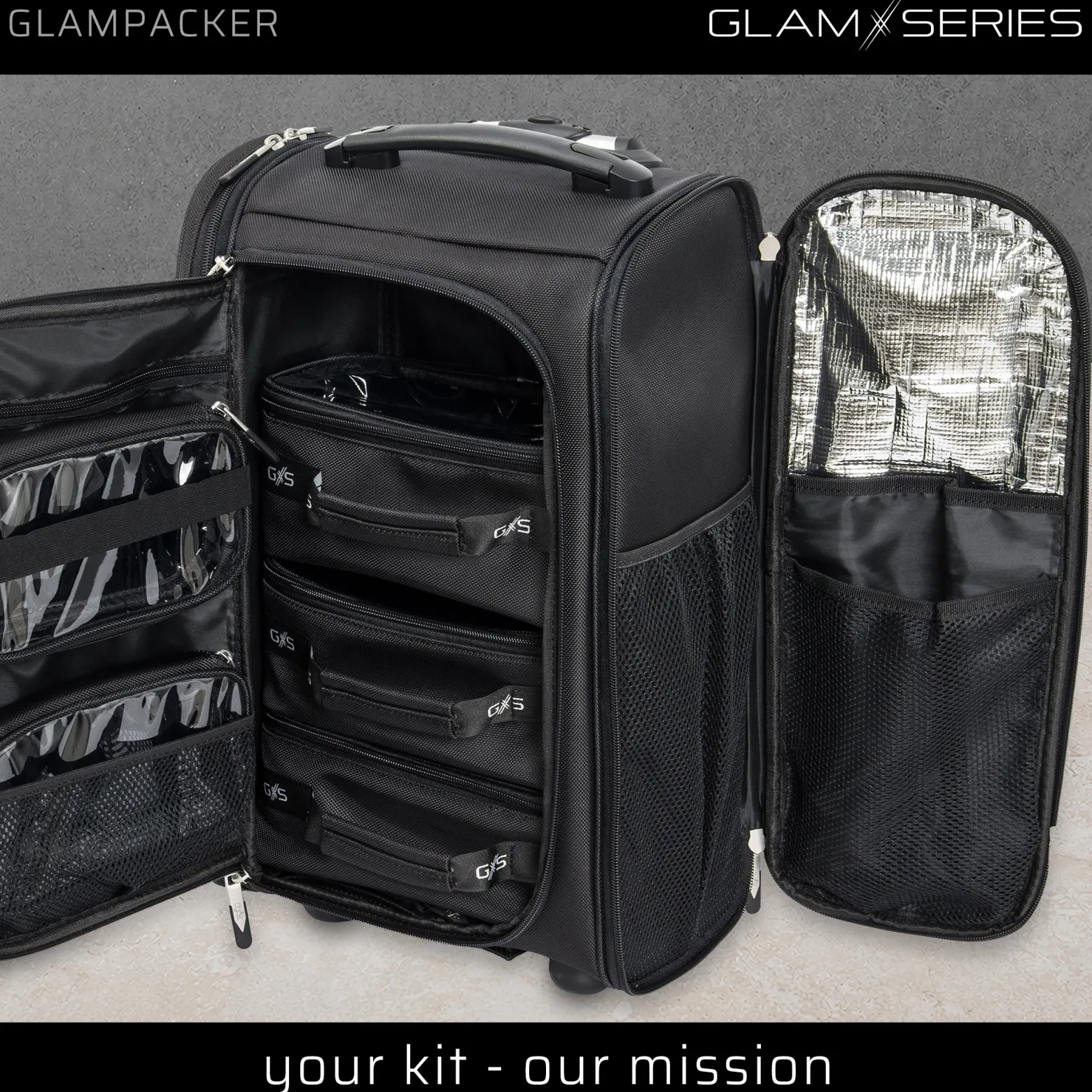 GlamSeries GlamSwitcher Trolley & Rucksack in einem, Kosmetikkoffer mit 5x Pouches, Make-Up Artist Koffer mit Hitzeschutzfach, Organizer für Visagisten, Friseure