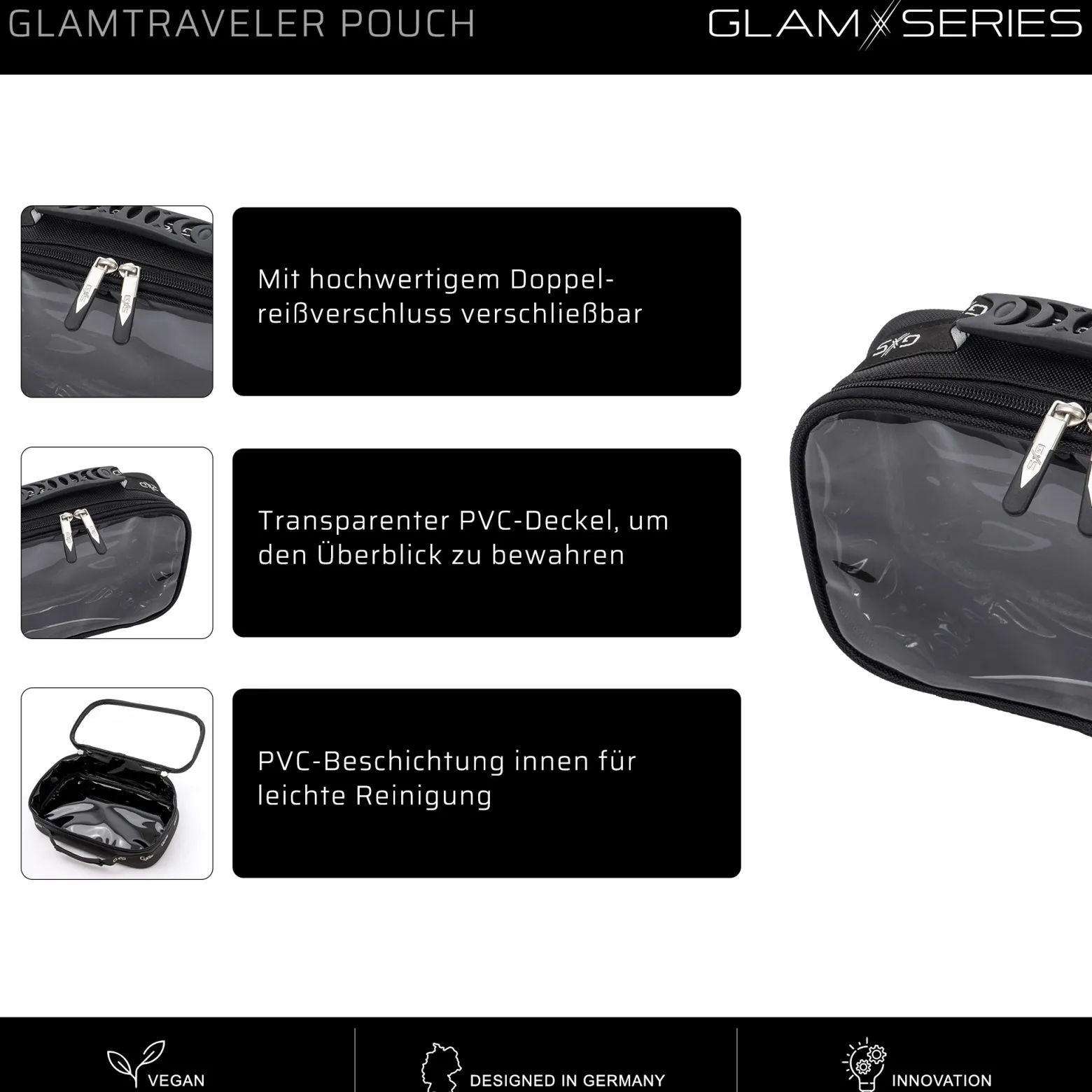 GlamSeries GlamTraveler Pouch Taschen Inlay 270 x 165 x 75 mm, PVC-beschichtete Make Up Tasche mit transparentem Deckel