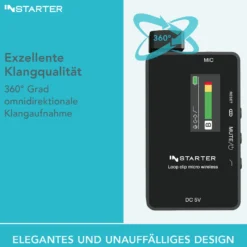 Instarter Lavalier Wireless System Kit 3 - Kabellos für Handy, Tablet, PC - eingebautes Funkmikrofon, 2 Sender, 1 Empfänger, 50 m Reichweite - mit USB-C und 3,5 mm Anschluss