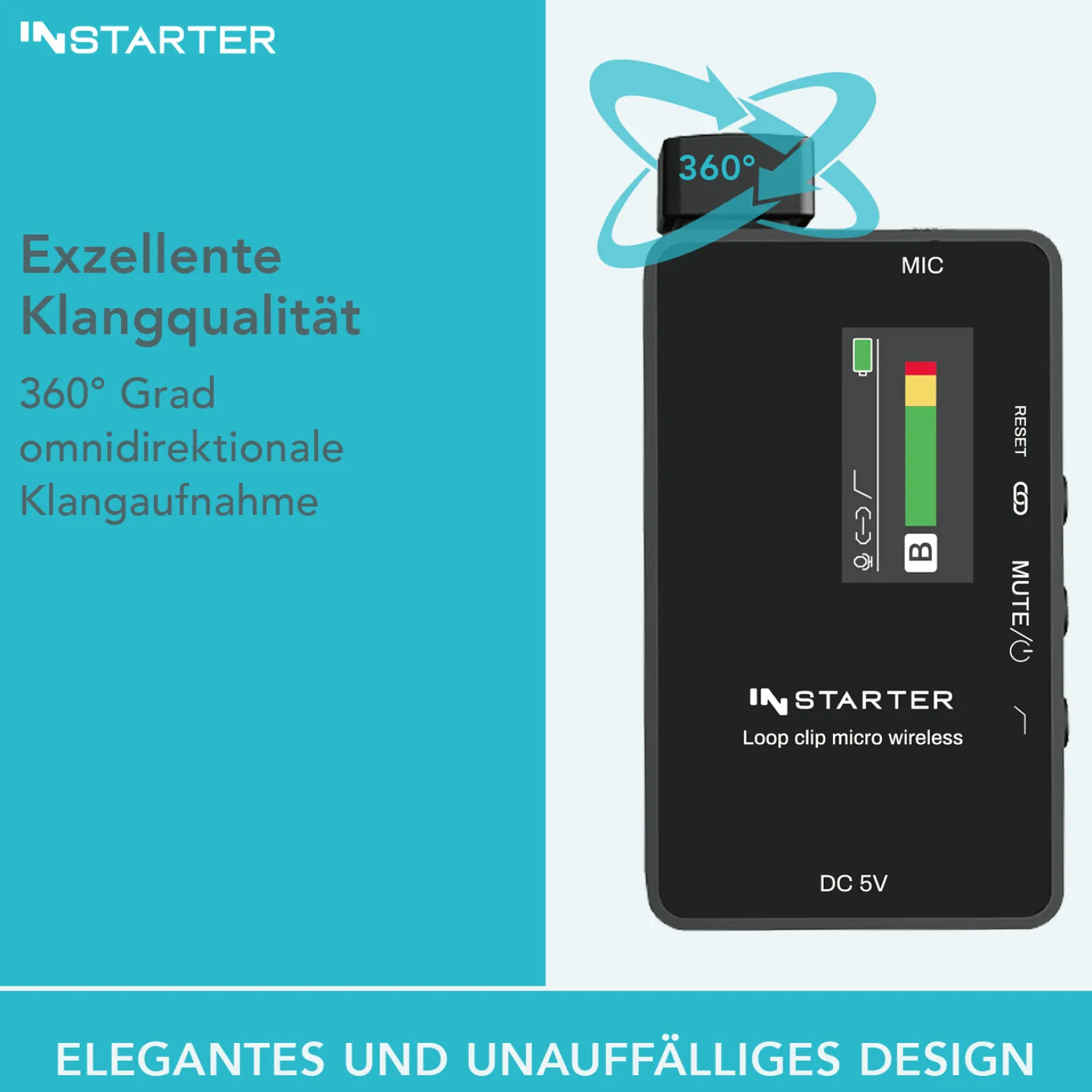 Instarter Lavalier Wireless System Kit 2 - Kabellos für Handy, Tablet, PC - eingebautes Funkmikrofon, 1 Sender, 1 Empfänger, 50 m Reichweite - mit USB-C und 3,5 mm Anschluss