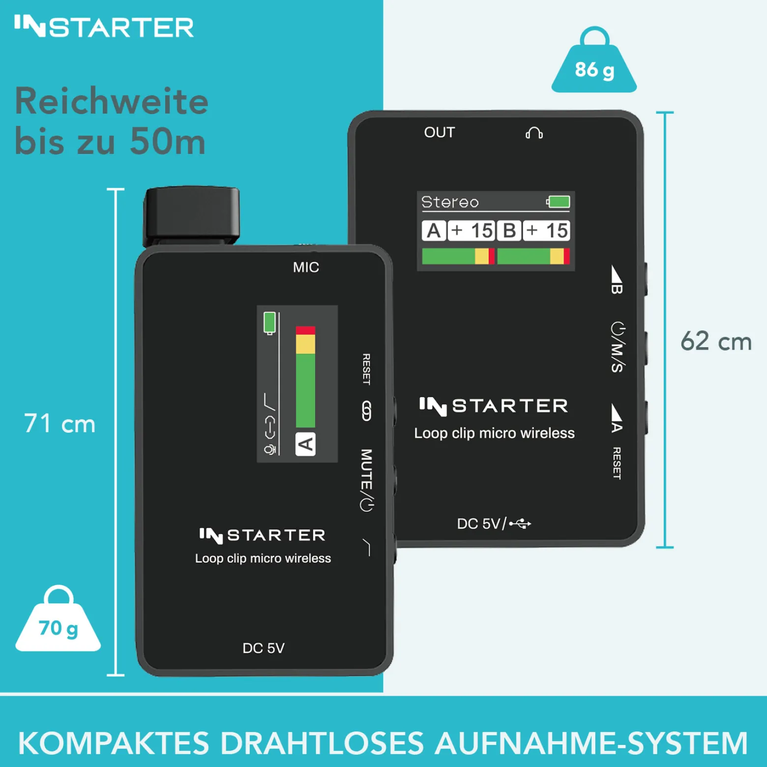 Instarter Lavalier Wireless System Kit 2 - Kabellos für Handy, Tablet, PC - eingebautes Funkmikrofon, 1 Sender, 1 Empfänger, 50 m Reichweite - mit USB-C und 3,5 mm Anschluss