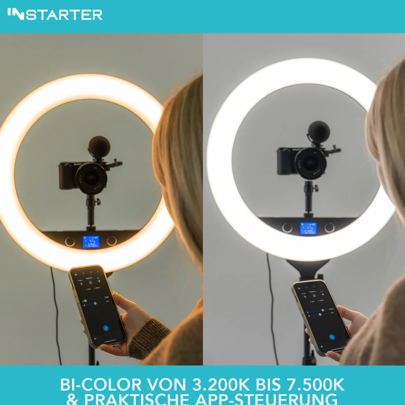 Instarter LED Ringlicht mit Stativ, Ringleuchte 180° schwenkbar, Videoleuchte 60 W mit Bi-Color, flexible Kamera Beleuchtung dimmbar