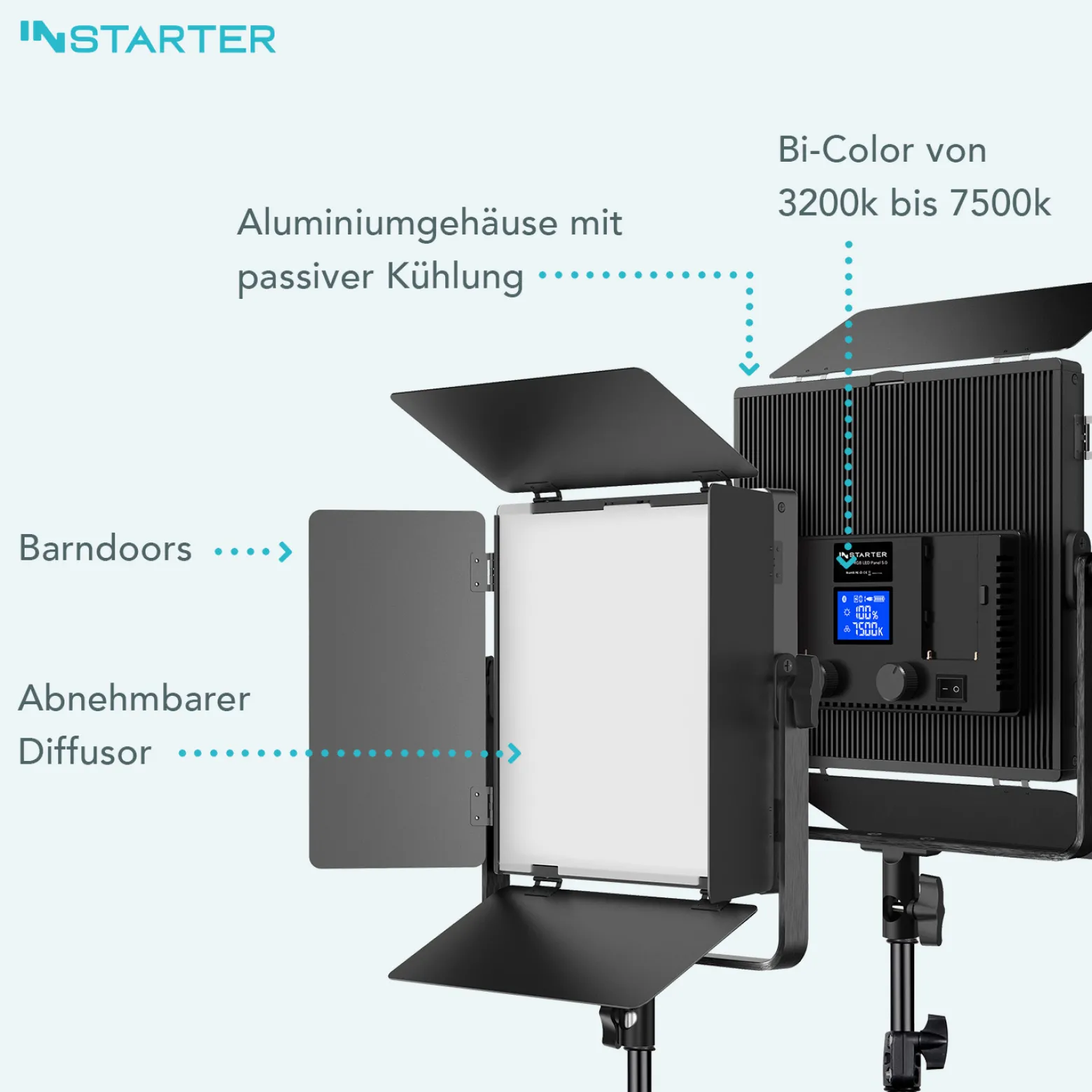 Instarter LED Videoleuchte 60 W mit Stativ, Videolicht 360° drehbar, Studioleuchte mit App-Steuerung, Video-Beleuchtung Bi-Color und 4 Farb-Effekte