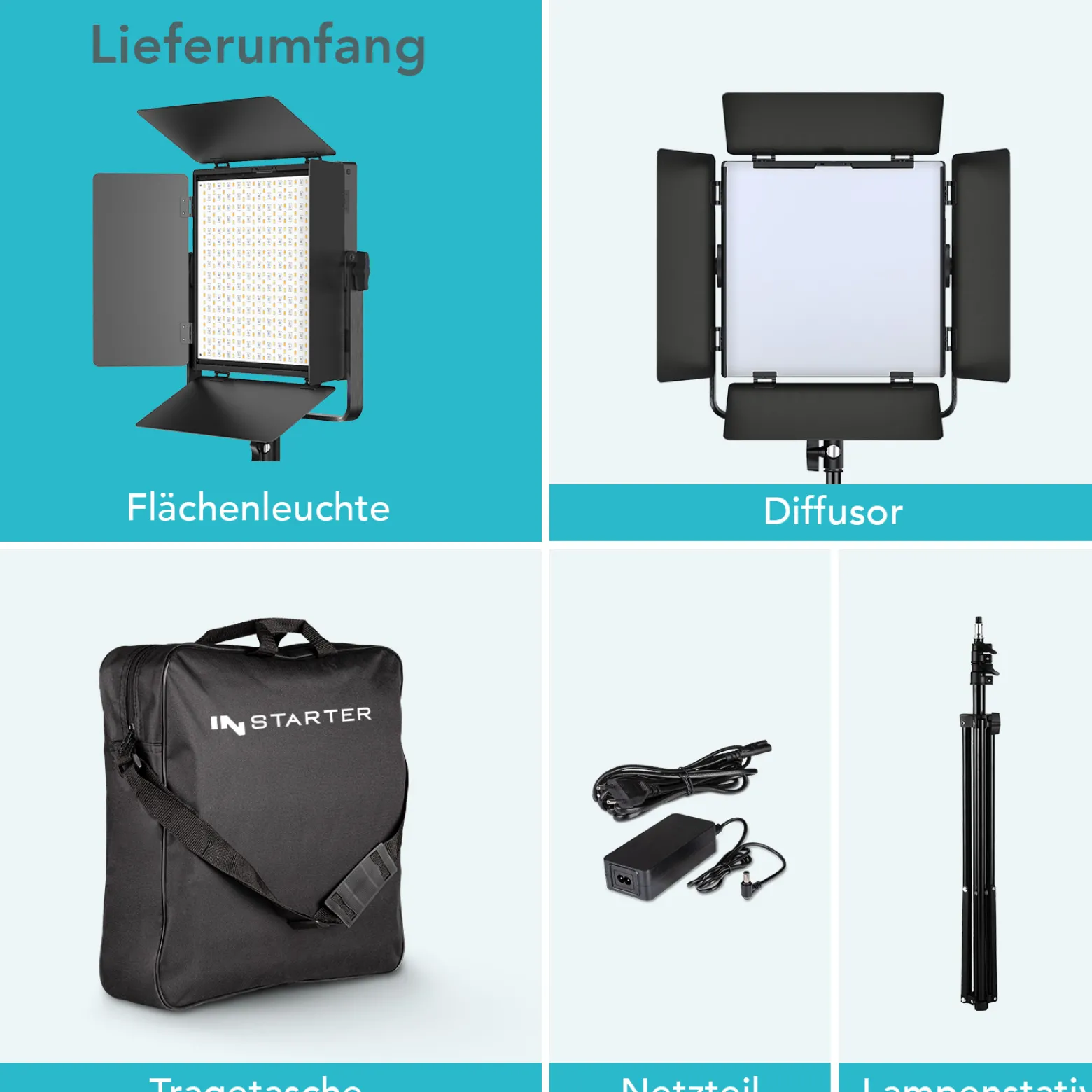 Instarter LED Videoleuchte 60 W mit Stativ, Videolicht 360° drehbar, Studioleuchte mit App-Steuerung, Video-Beleuchtung Bi-Color und 4 Farb-Effekte