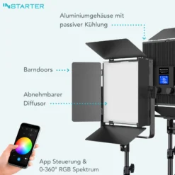 Instarter LED Videoleuchte 60 W, Videolicht mit 360° RGB-Spektrum, Studioleuchte mit App-Steuerung, Video-Beleuchtung Bi-Color, vielseitiges Kamera Zubehör