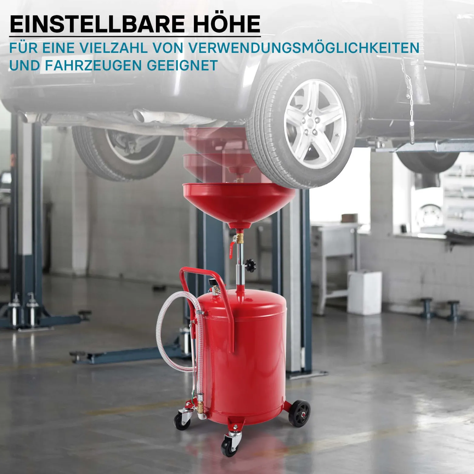 Ölauffanggerät für 80l, höhenverstellbar 122-168 cm mit 4-Rad-Fahrwerk, Entleerung mittels Luftdruck