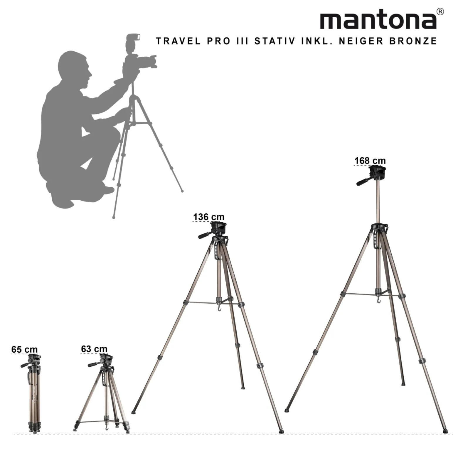 Mantona Basic Travel Pro III Fotostativ 63-168 cm max. 3 kg Aluminium Dreibein Videostativ mit Schnellwechselplatte und Tasche