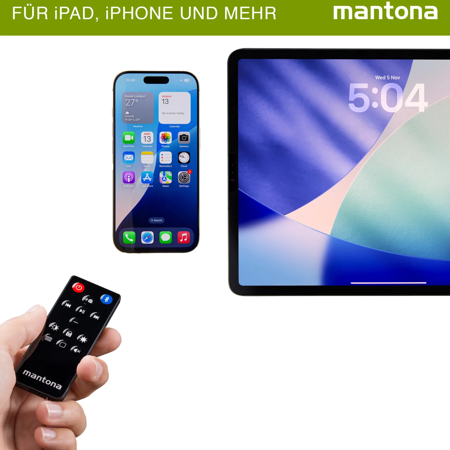 Mantona Bluetooth Fernbedienung "Selfie" für Apple iPhone/iPad/iMac/iOS/Musik/Kamera/Bildschirm