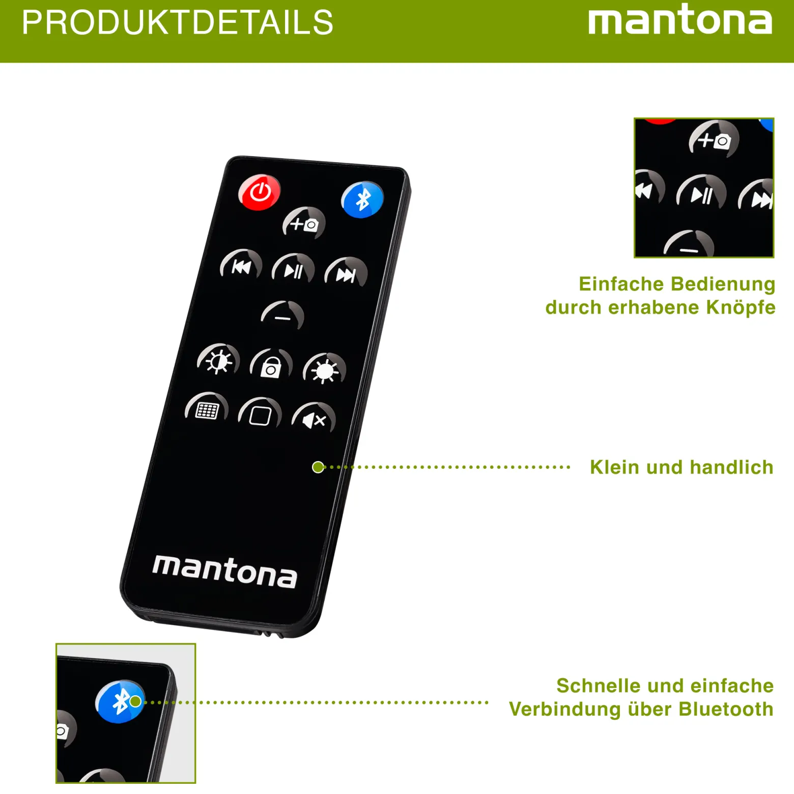 Mantona Bluetooth Fernbedienung "Selfie" für Apple iPhone/iPad/iMac/iOS/Musik/Kamera/Bildschirm