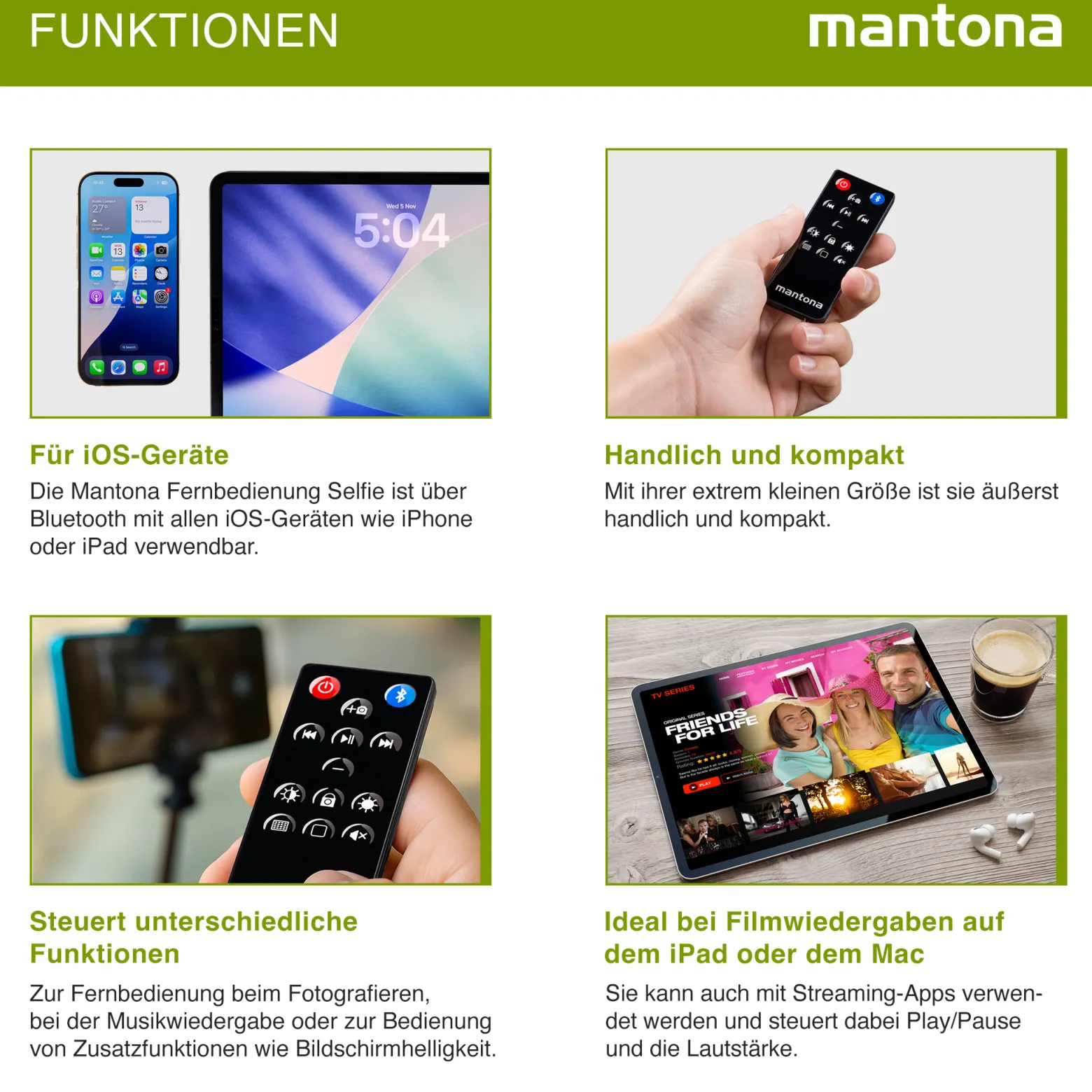 Mantona Bluetooth Fernbedienung "Selfie" für Apple iPhone/iPad/iMac/iOS/Musik/Kamera/Bildschirm