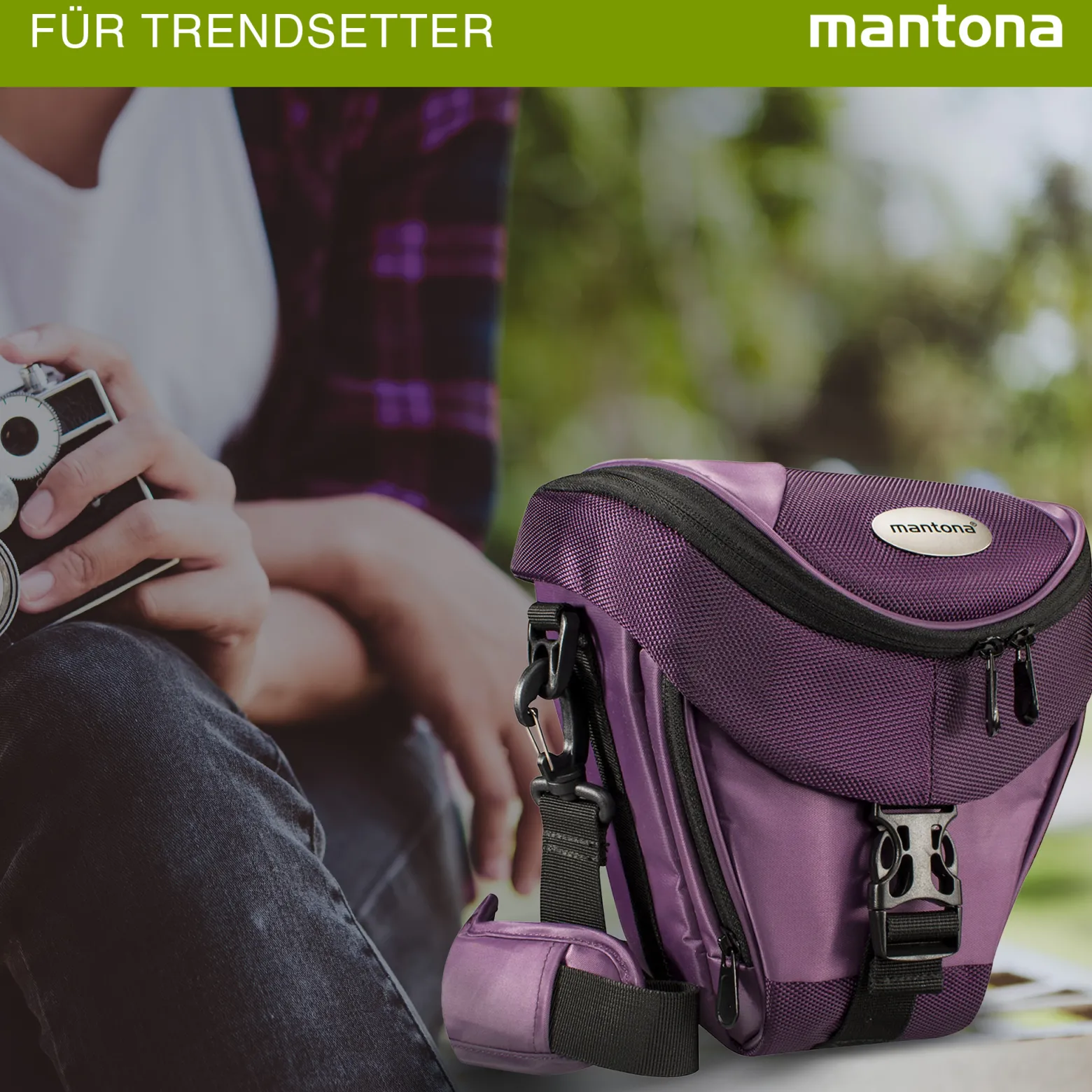 Mantona Colt Kameratasche - Universaltasche inkl. Schnellzugriff, Staubschutz, Tragegurt und Zubehörfach, geeignet für DSLM und DSLR Kameras, lila