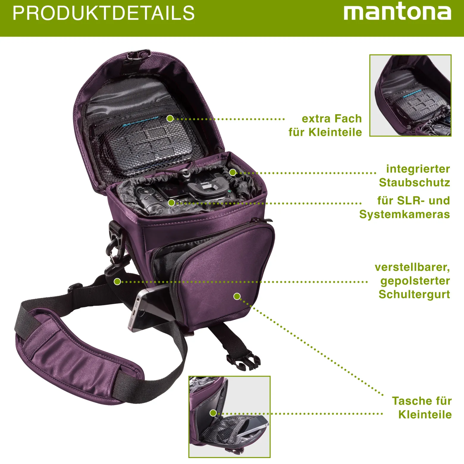 Mantona Colt Kameratasche - Universaltasche inkl. Schnellzugriff, Staubschutz, Tragegurt und Zubehörfach, geeignet für DSLM und DSLR Kameras, lila