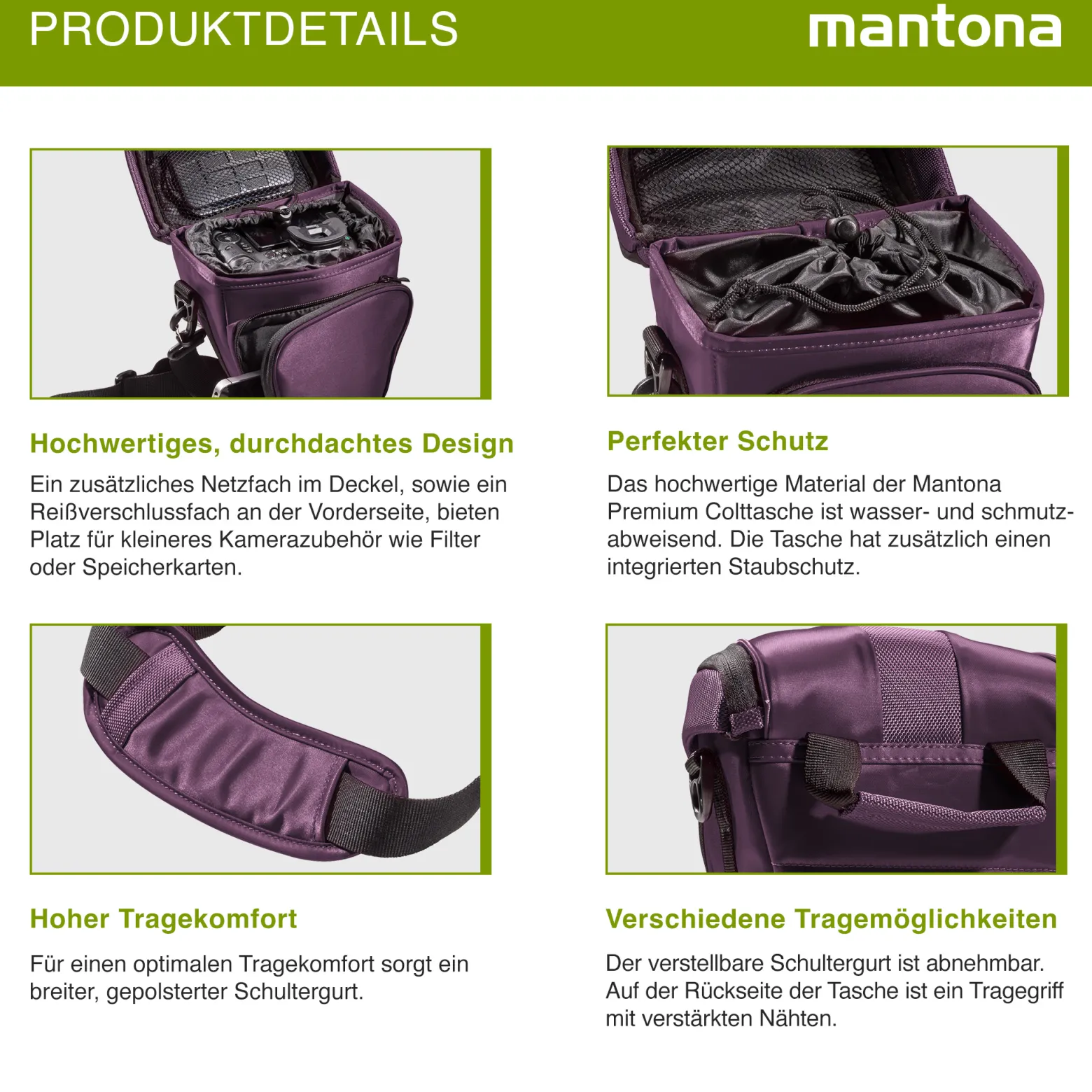Mantona Colt Kameratasche - Universaltasche inkl. Schnellzugriff, Staubschutz, Tragegurt und Zubehörfach, geeignet für DSLM und DSLR Kameras, lila