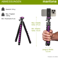 Mantona Kaleido Flex Stativ glamour pink - 270 x 43 x 43 mm - flexibel biegbar - mit Kugelkopf und Schnellwechselplatte - Reisestativ Travelstativ passend für Kameras, Smartphones, Action Cams