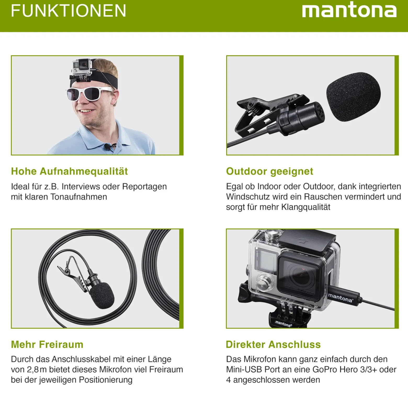 Mantona Lavalier Kondensator Mikrofon - 35 Hz-20 kHz - mit 2,8 m Kabel, Clip, Mini USB Stecker und Windschutz - kompatibel mit GoPro 3 3+ 4 - für Interviews und Reportagen
