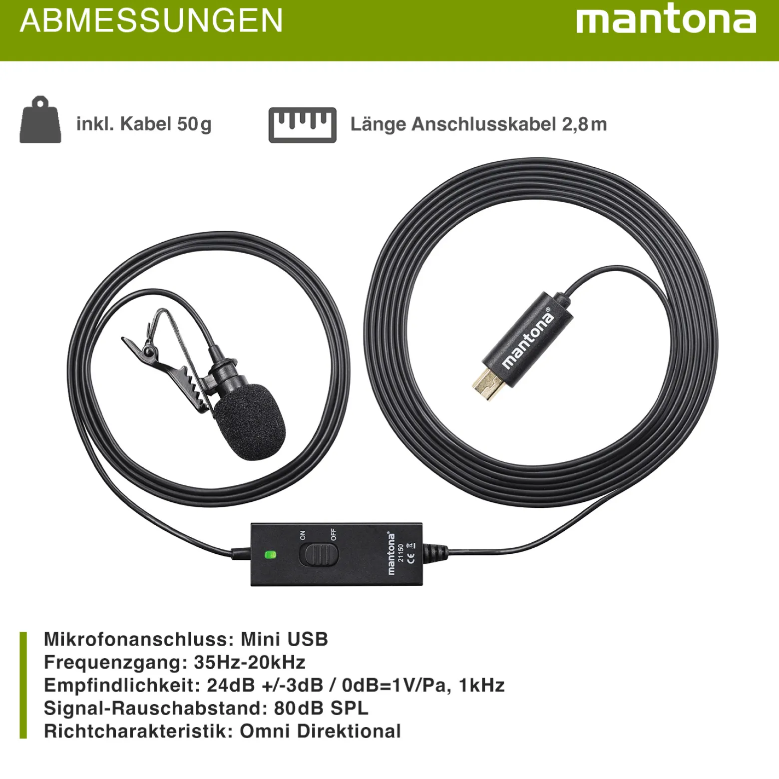 Mantona Lavalier Kondensator Mikrofon - 35 Hz-20 kHz - mit 2,8 m Kabel, Clip, Mini USB Stecker und Windschutz - kompatibel mit GoPro 3 3+ 4 - für Interviews und Reportagen