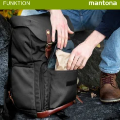 Mantona Luis Retro Fotorucksack schwarz mit Leder, Kamerarucksack inkl. Regenschutzhülle, Fototasche mit Laptopfach, Backpack geeignet für 1 x DSLR-Kamera, 3 x Objektive und diverses Fotozubehör