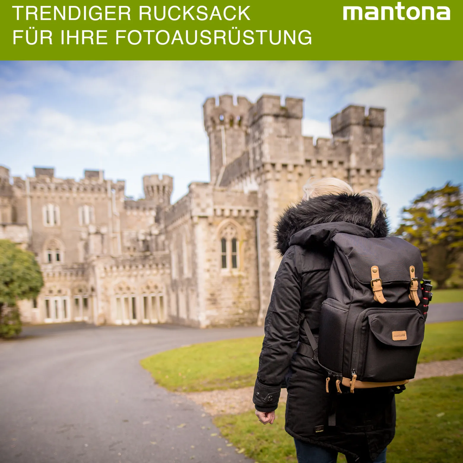 Mantona Luis Retro Fotorucksack schwarz mit Leder, Kamerarucksack inkl. Regenschutzhülle, Fototasche mit Laptopfach, Backpack geeignet für 1 x DSLR-Kamera, 3 x Objektive und diverses Fotozubehör