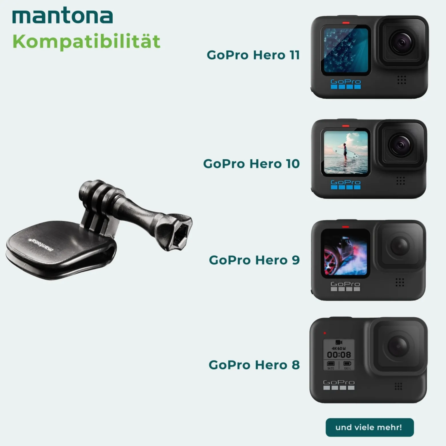 Mantona Miniklemme mit Clip - 50 x 35 x 35 mm - einfaches Einclipsen - kompatibel mit GoPro Hero 11 10 9 8 7 6 5 4 3+, Session und Action Cams - für Foto und Video