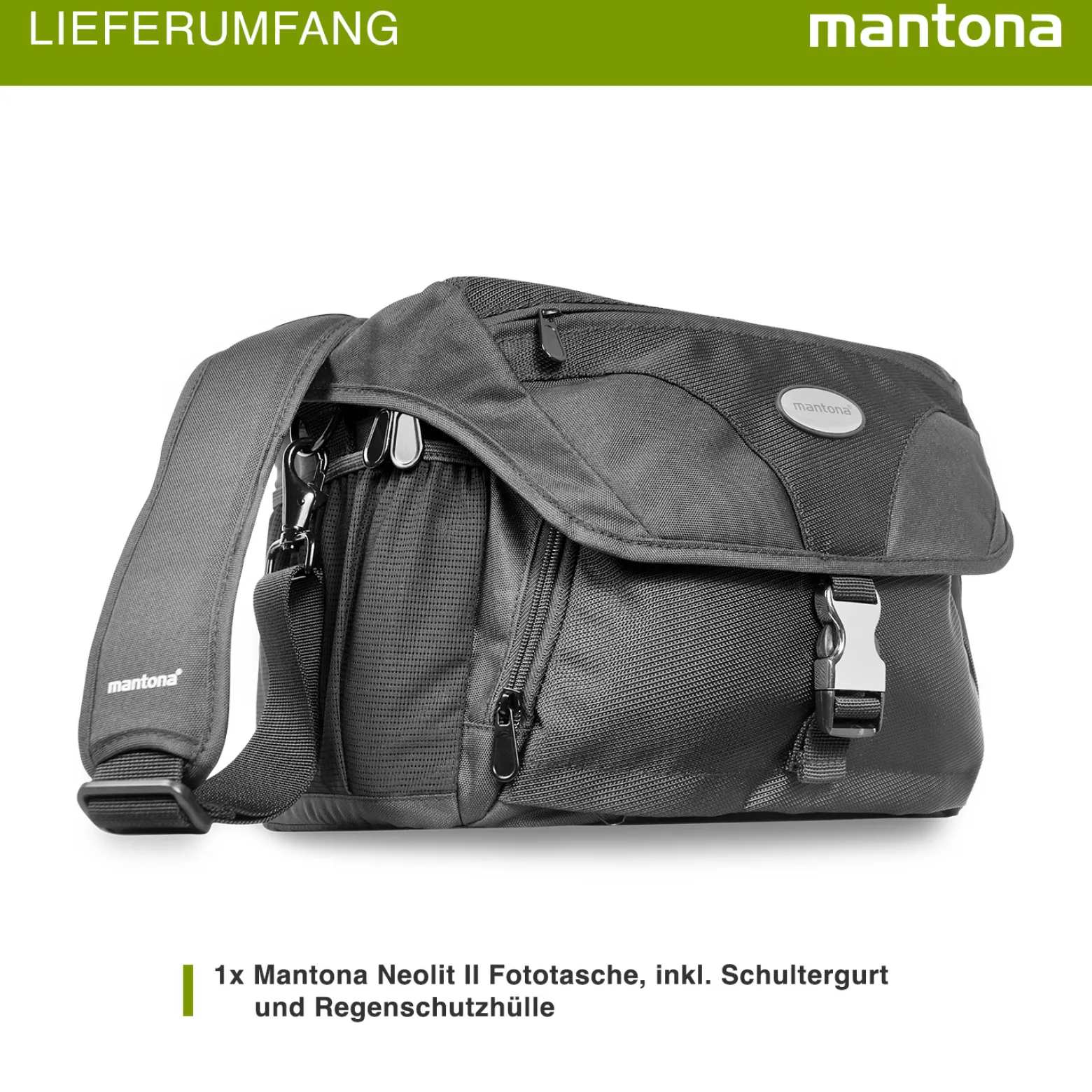 Mantona Neolit II SLR-Kameratasche schwarz, Fototasche wasserabweisend mit Regenschutz, Kamera Umhängetasche mit viel Stauraum & individuell einteilbar, Fotoapparat Tasche mit Tragegurt