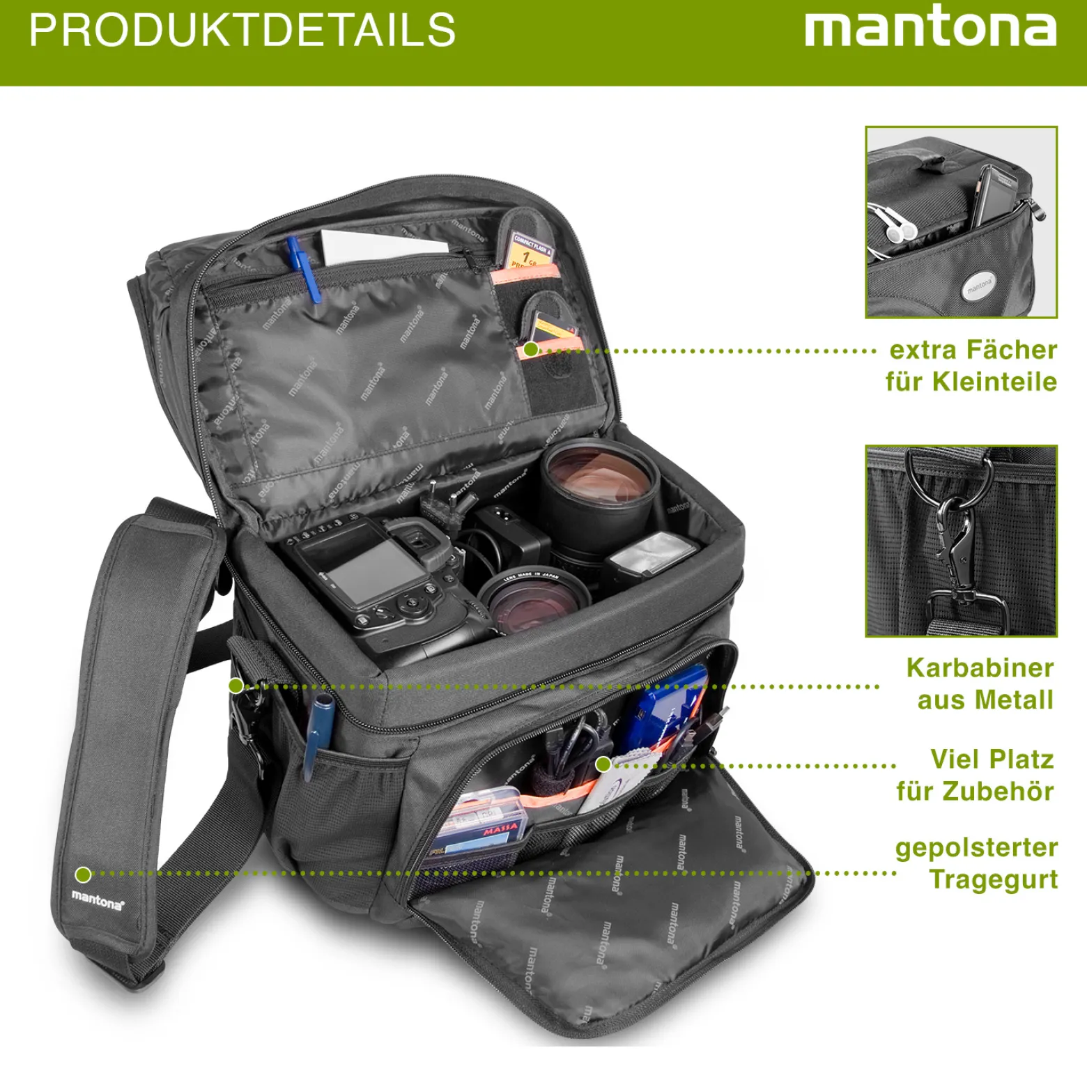 Mantona Neolit II SLR-Kameratasche schwarz, Fototasche wasserabweisend mit Regenschutz, Kamera Umhängetasche mit viel Stauraum & individuell einteilbar, Fotoapparat Tasche mit Tragegurt
