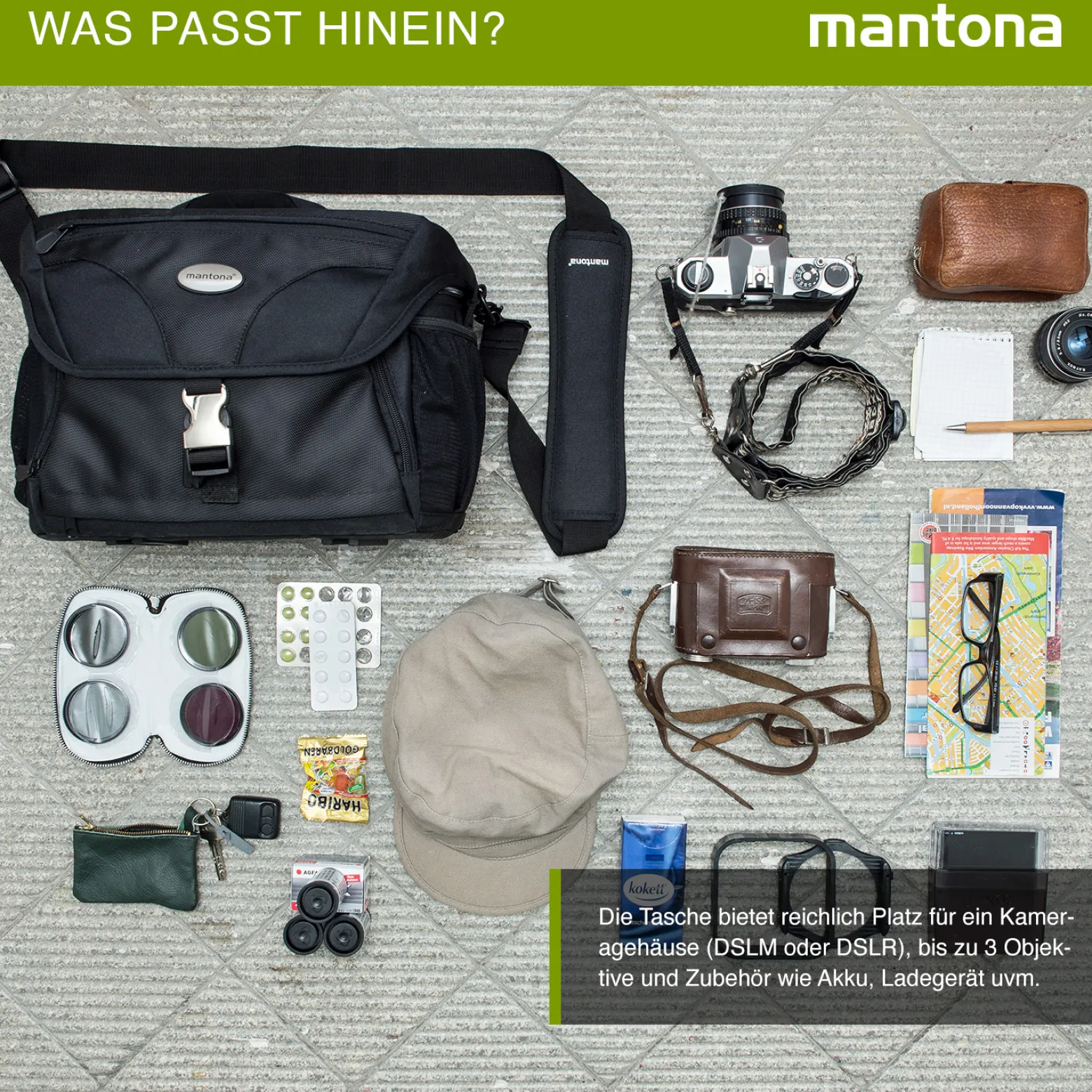 Mantona Neolit II SLR-Kameratasche schwarz, Fototasche wasserabweisend mit Regenschutz, Kamera Umhängetasche mit viel Stauraum & individuell einteilbar, Fotoapparat Tasche mit Tragegurt