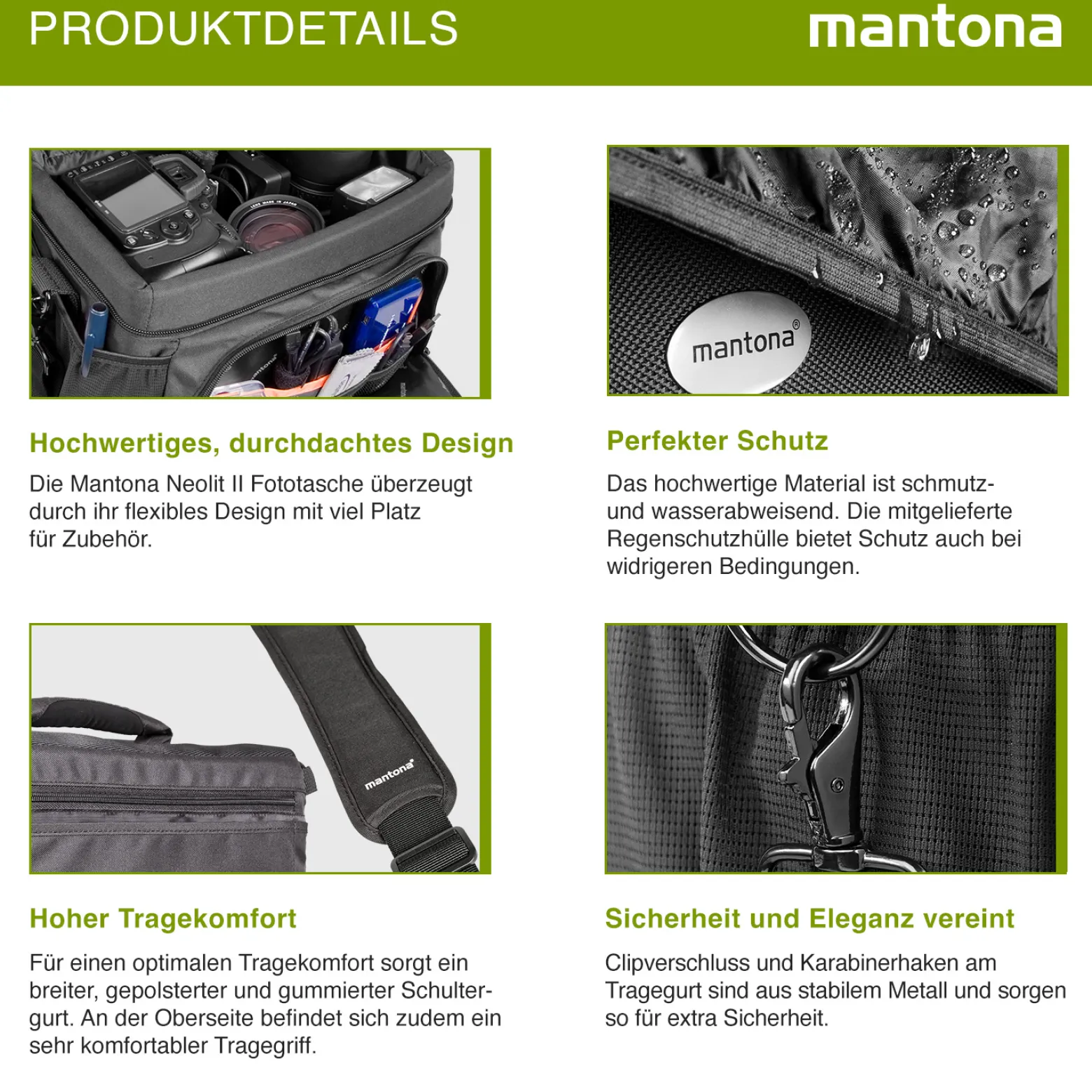 Mantona Neolit II SLR-Kameratasche schwarz, Fototasche wasserabweisend mit Regenschutz, Kamera Umhängetasche mit viel Stauraum & individuell einteilbar, Fotoapparat Tasche mit Tragegurt